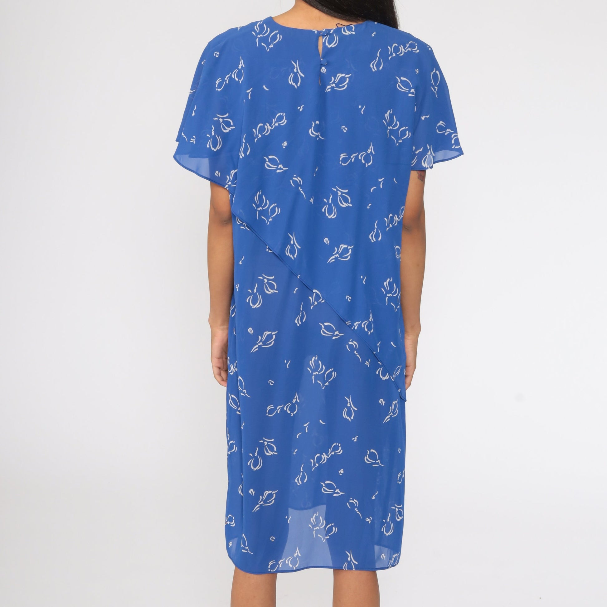 90s Floral Shift Dress Blue Flutter Sleeve Midi Semi-Sheer Medium