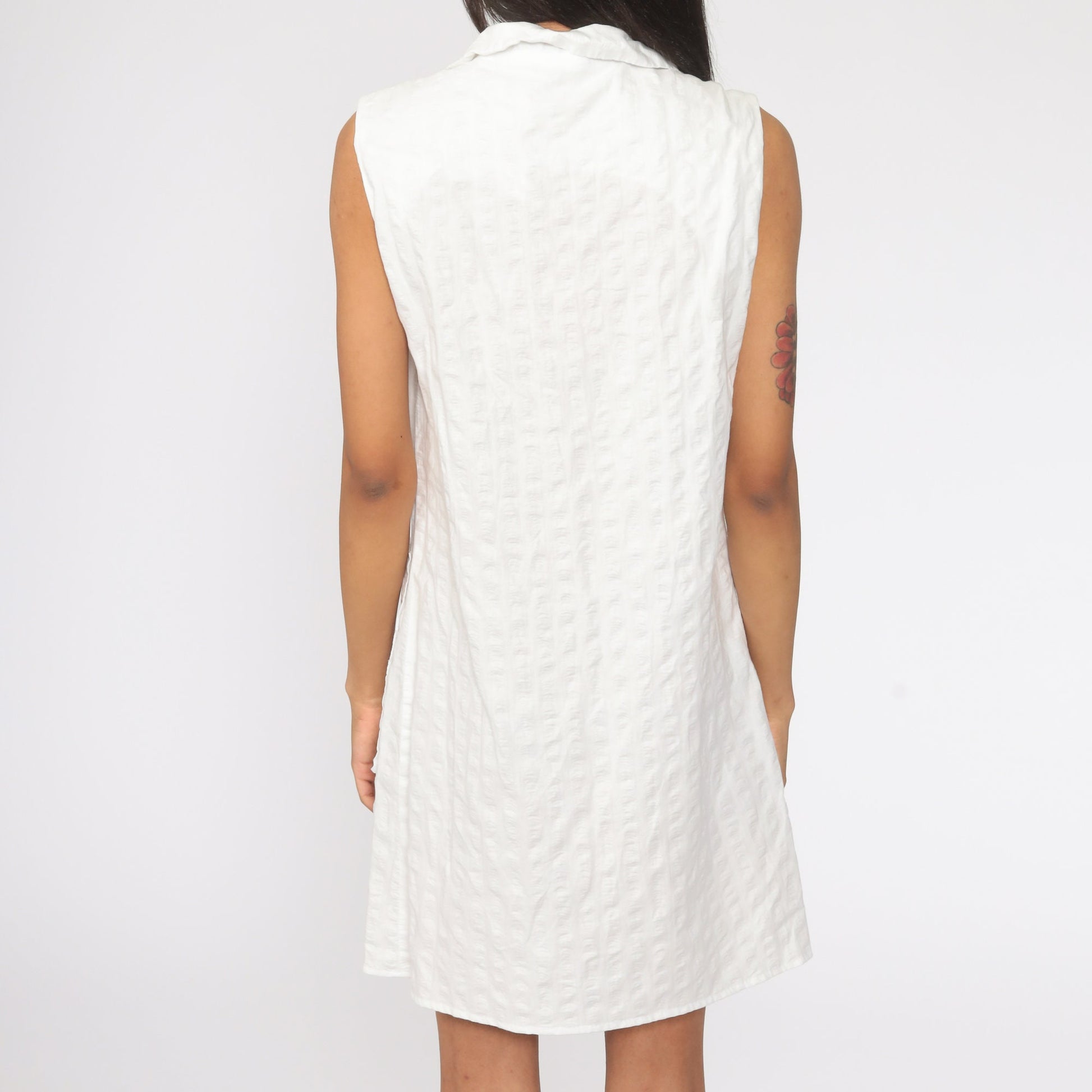 70s White Lace Trim Mini Dress Floral Button Front Shift Small