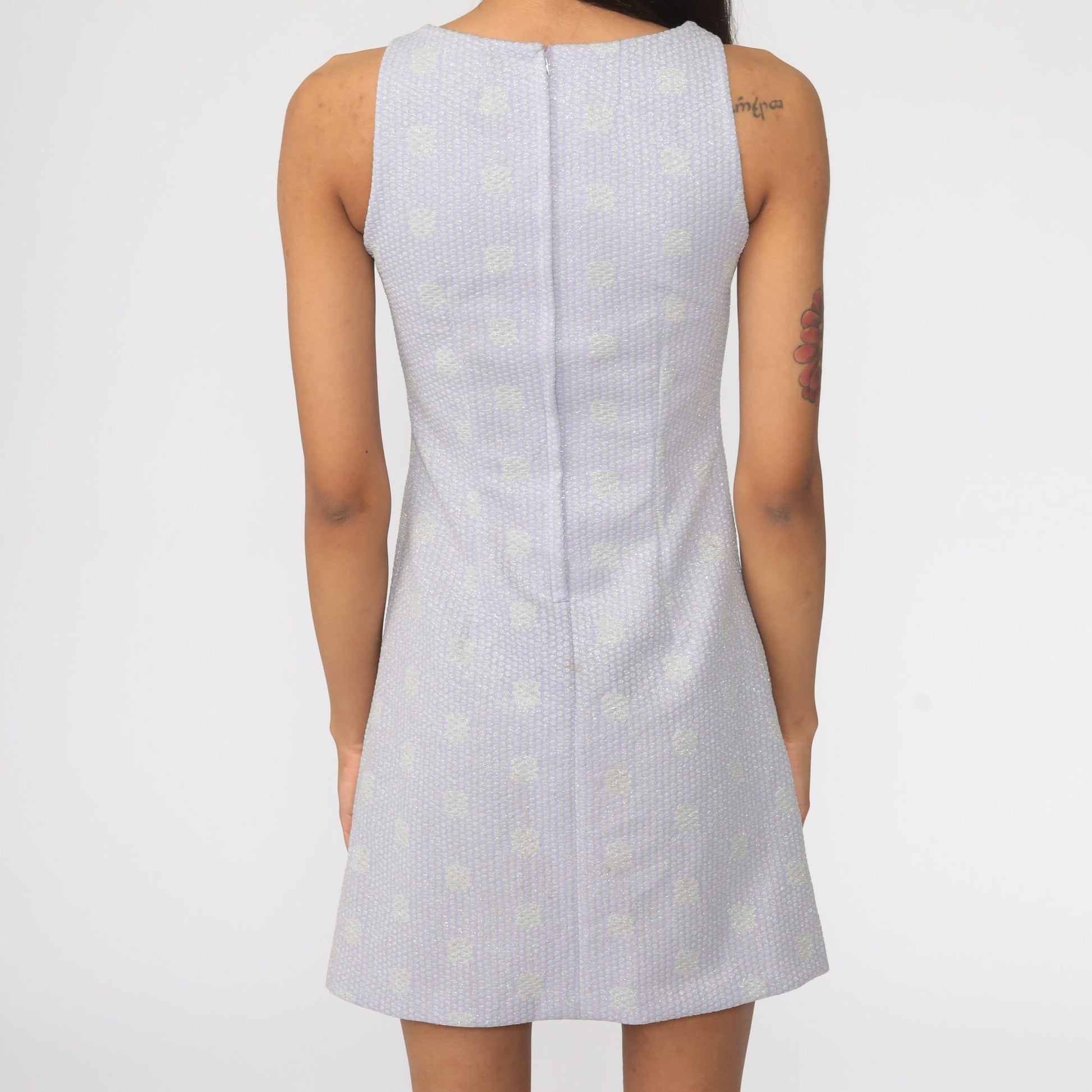 1970s Lavender Metallic Polka Dot Mini Dress Sleeveless Sheath Extra Small