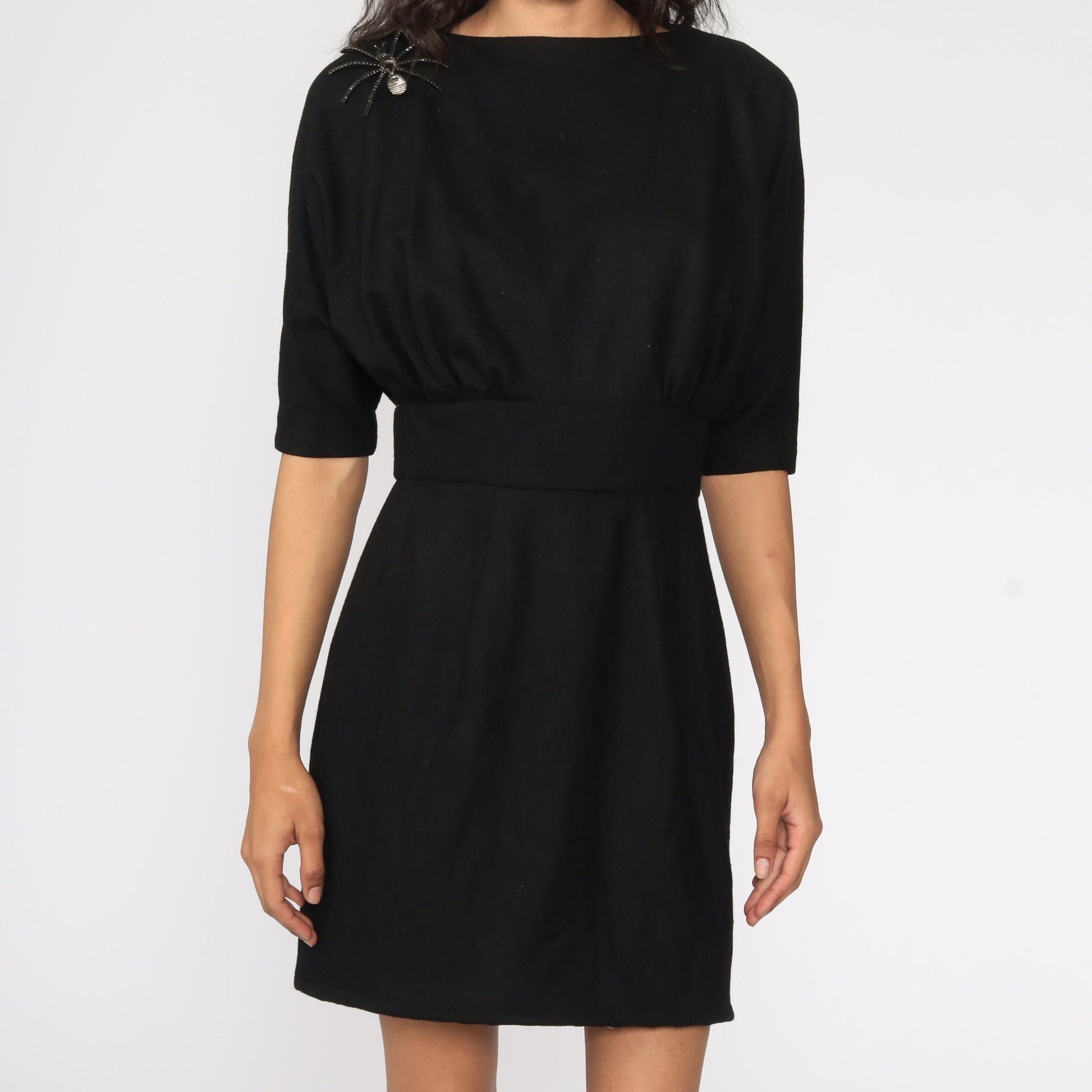1950s Suzy Perette Black Wool Sheath Dress Dolman Sleeve Small