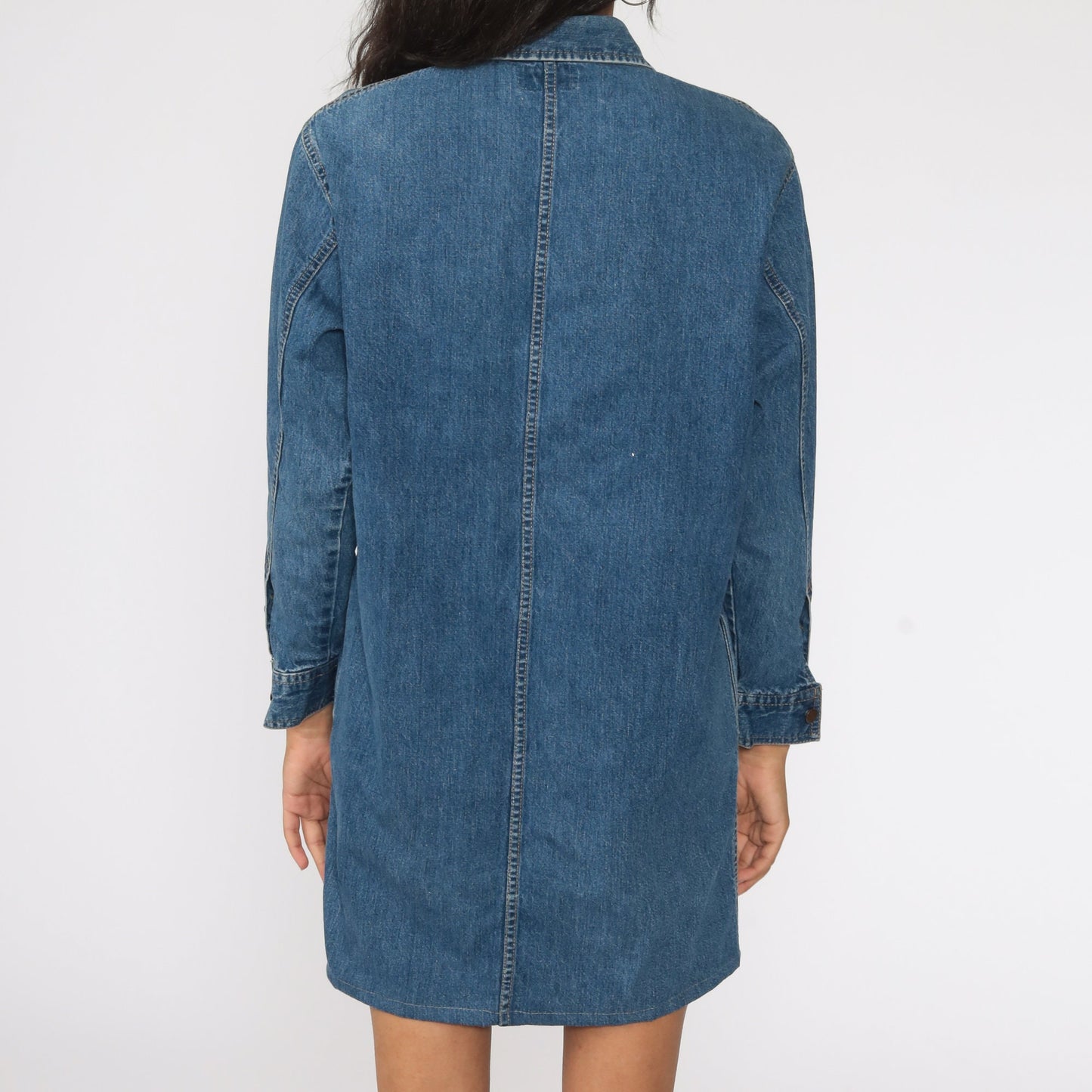90s Calvin Klein Denim Mini Dress Embroidered Dogs Blue Button-Up Small