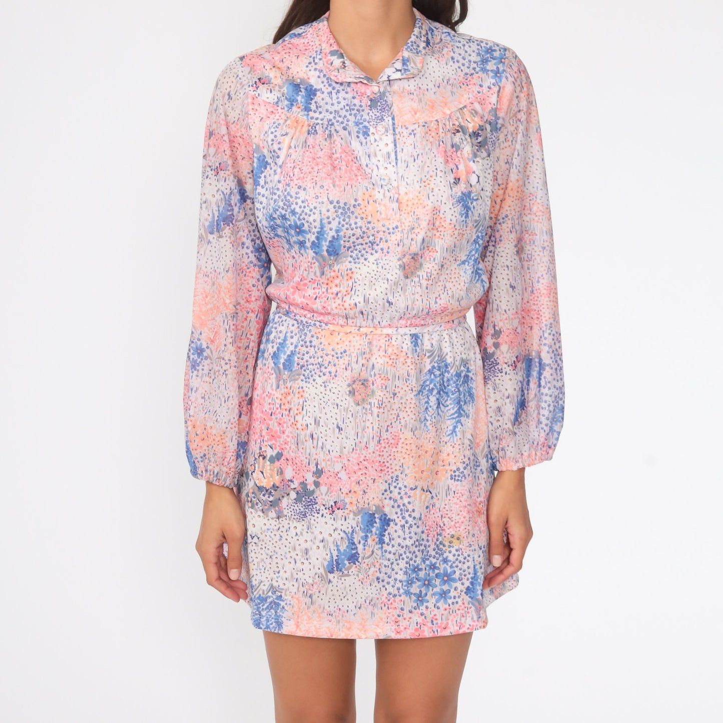 70s Floral Mini Dress Pink Purple Long Sleeve High Waist Button Up Medium Large