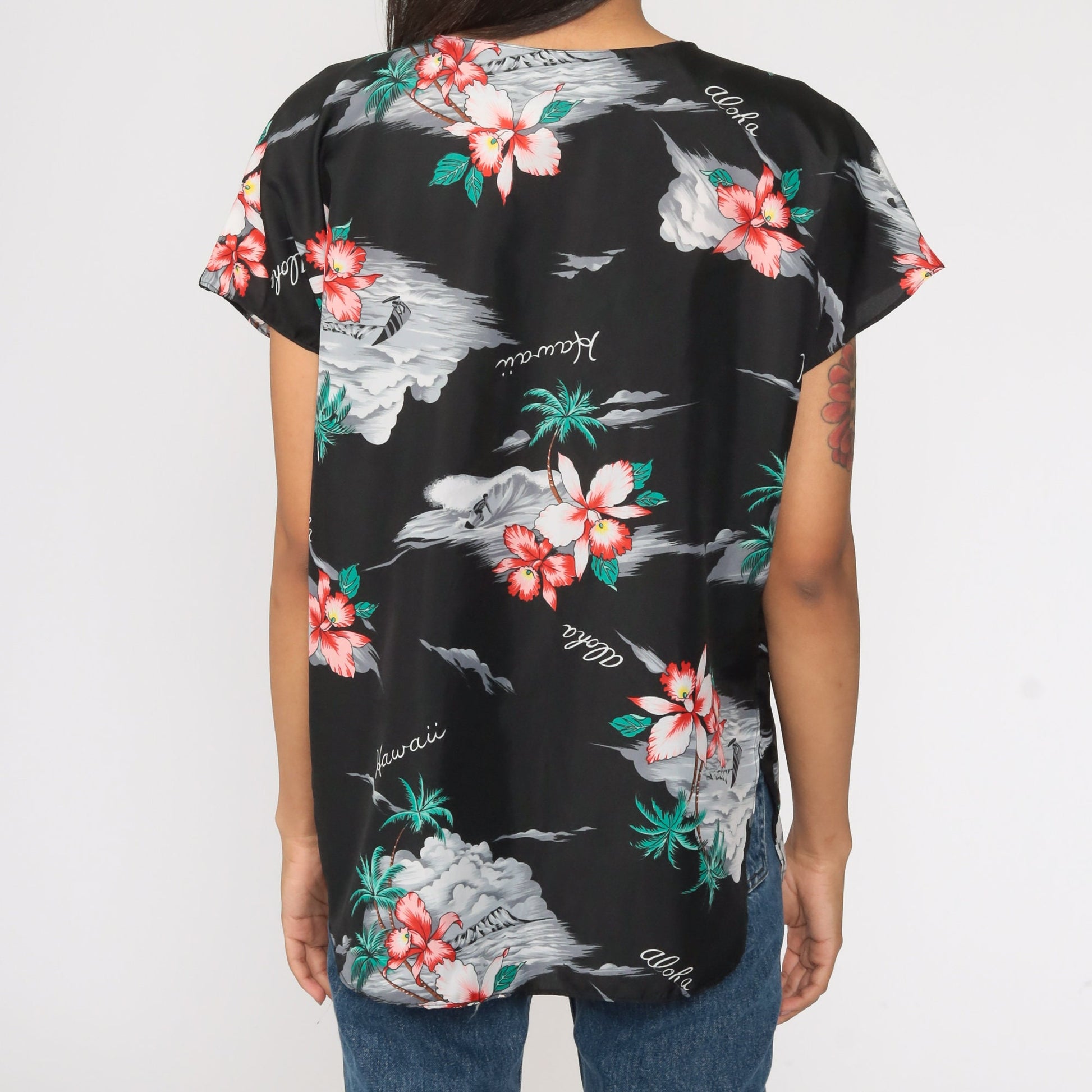 80s Tropical Floral Hawaiian Button-Up Blouse Black Hibiscus Print Medium Large