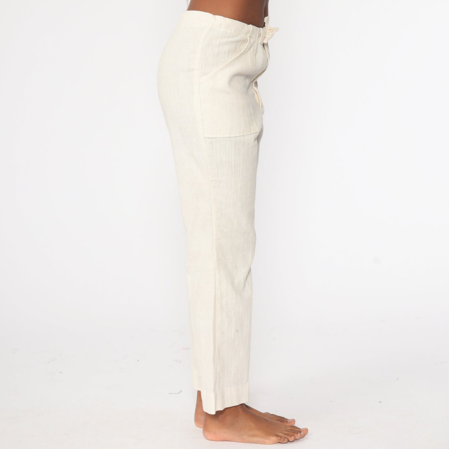 70s Bell Bottom Pants Off-White Cotton Drawstring Mid Rise Small