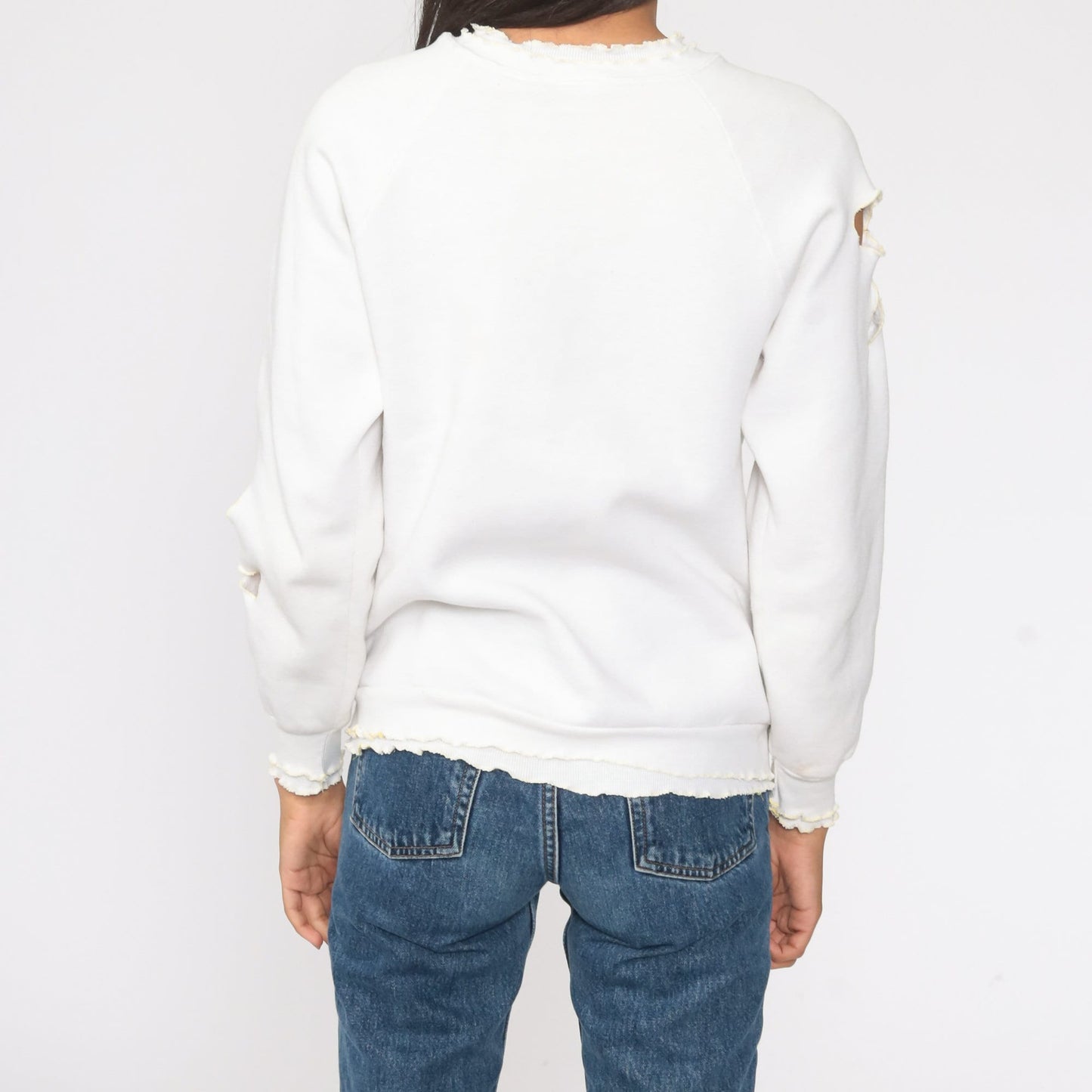 80s Floral Cutout White Raglan Sweatshirt Crewneck XS