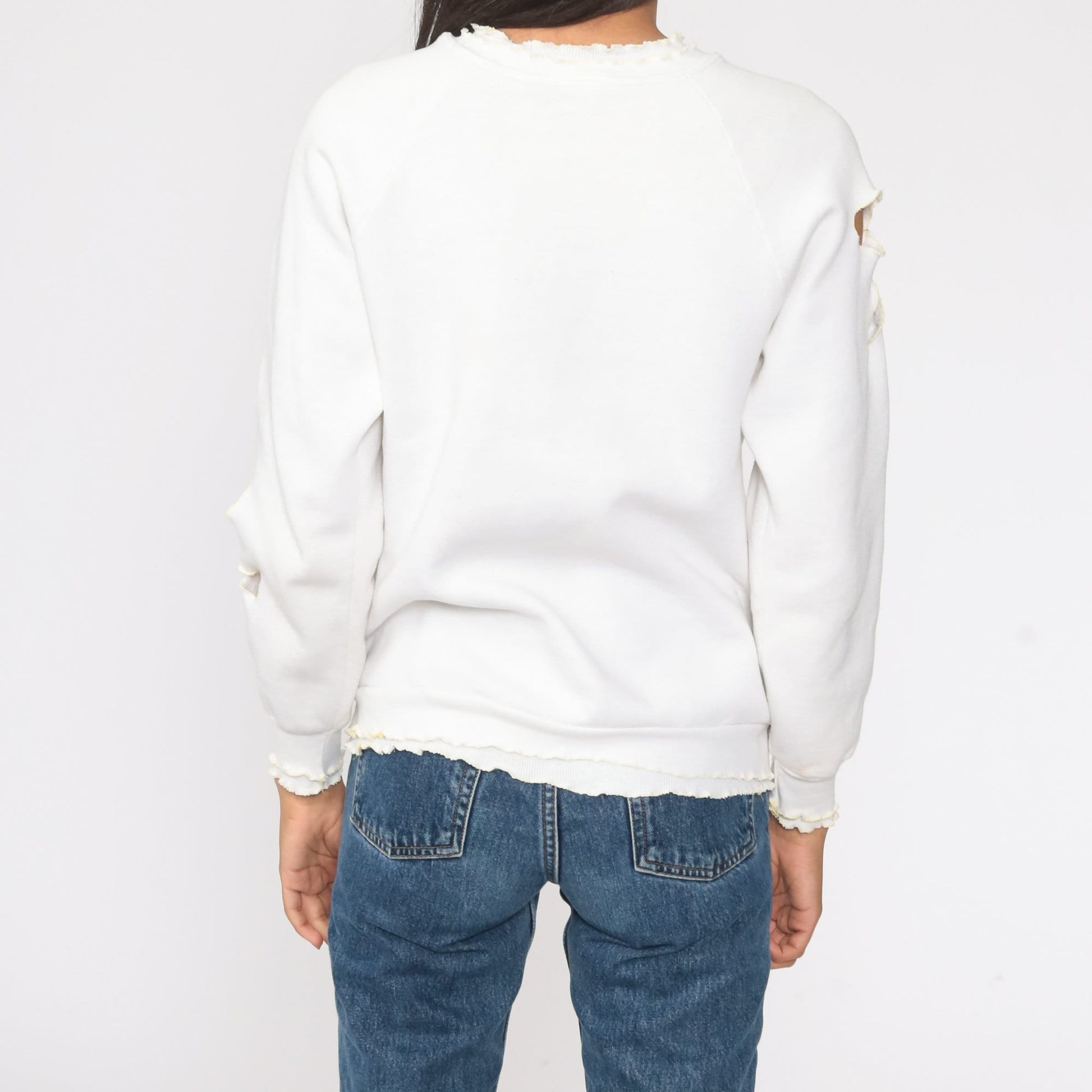 80s Floral Cutout White Raglan Sweatshirt Crewneck XS