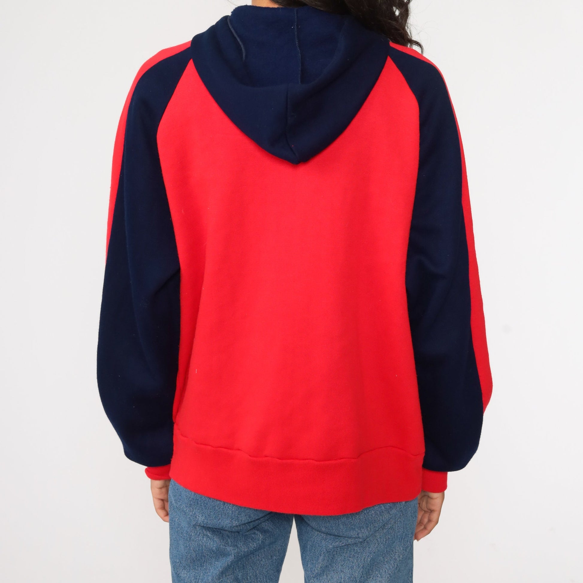 80s Navy Red Striped Zip-Up Hoodie Sweatshirt Medium Large