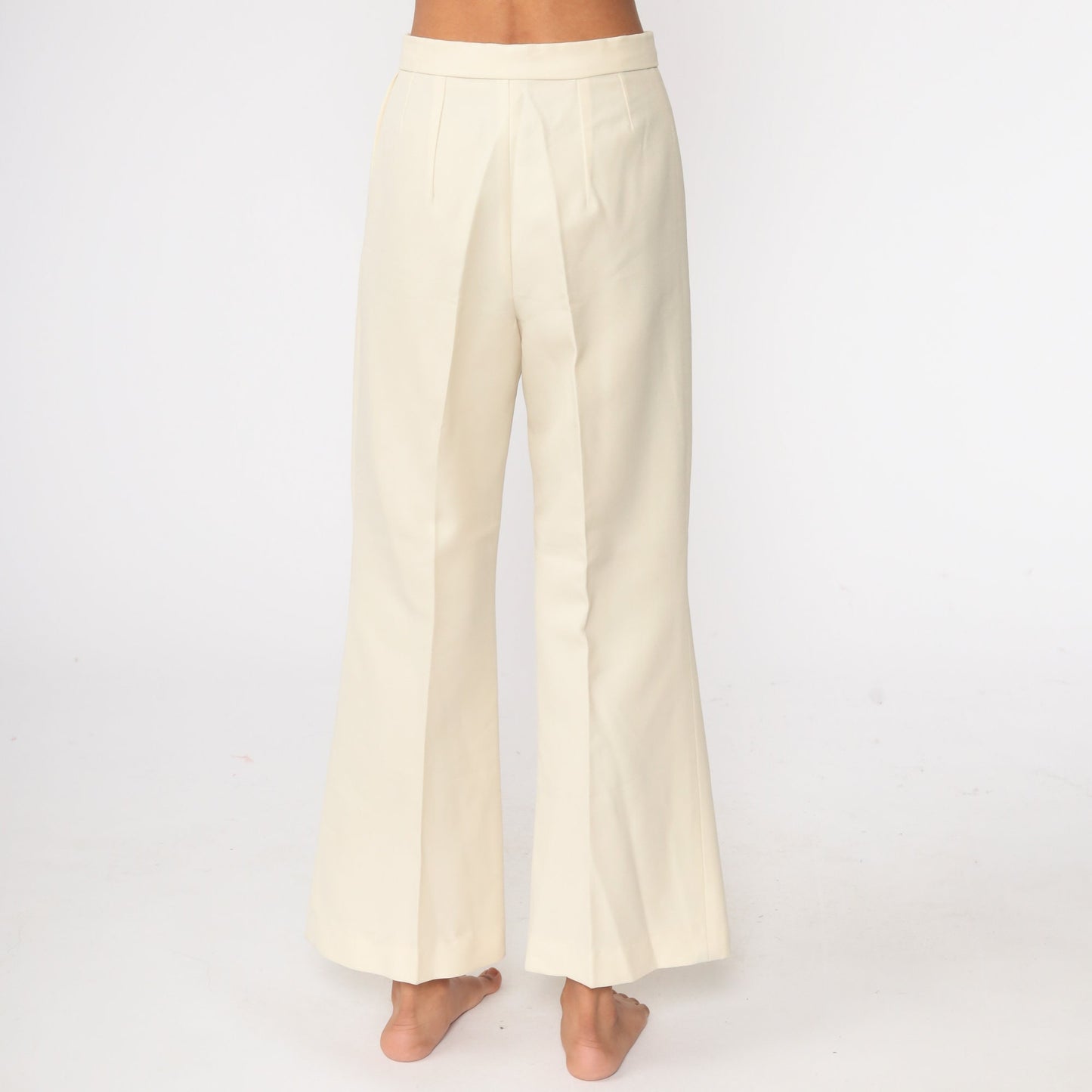 70s Cream Bell Bottom Trousers High Waist Vintage Pants Small 27