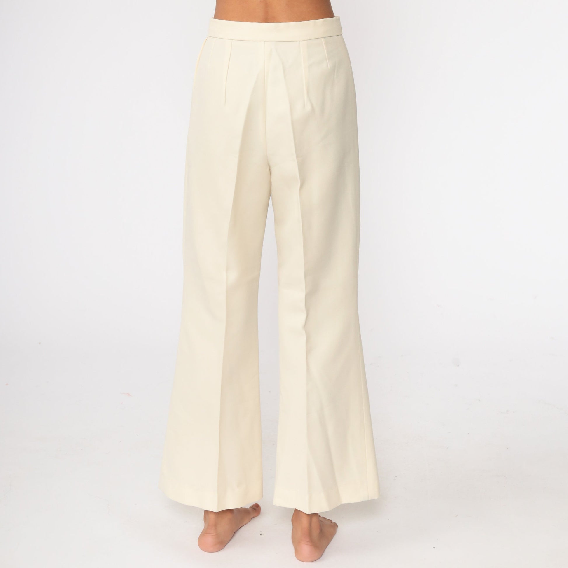 70s Cream Bell Bottom Trousers High Waist Vintage Pants Small 27
