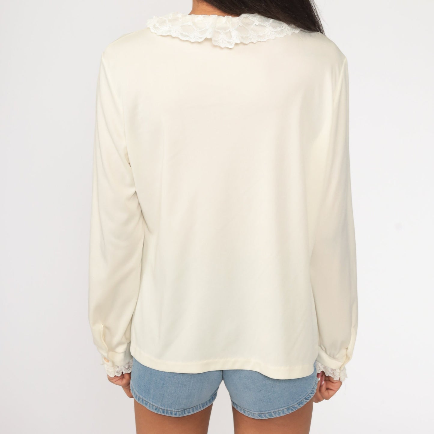 70s Cream Lace Ruffle Blouse High Collar Long Sleeve Button Up Large