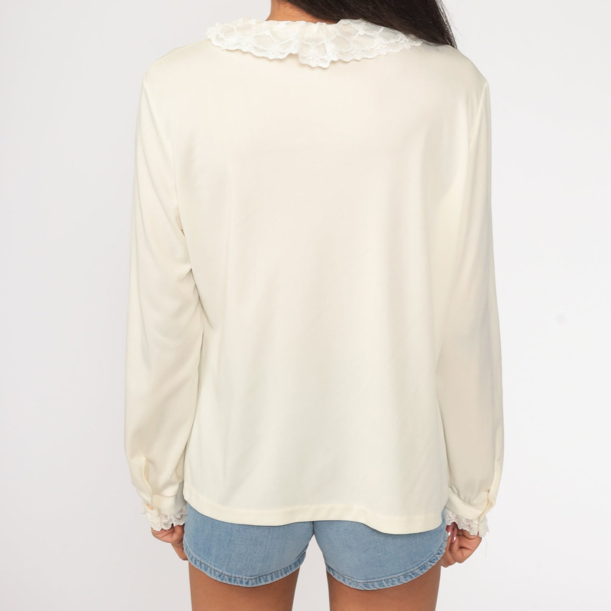 70s Cream Lace Ruffle Blouse High Collar Long Sleeve Button Up Large