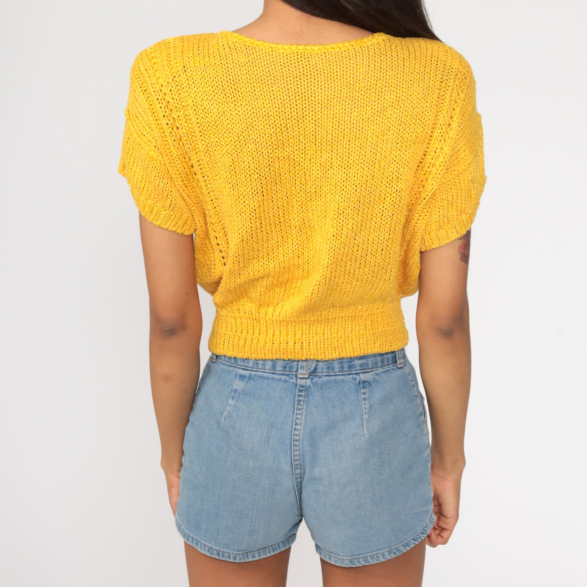 90s Golden Yellow Knit Cardigan Button-Up Short Sleeve Small Medium