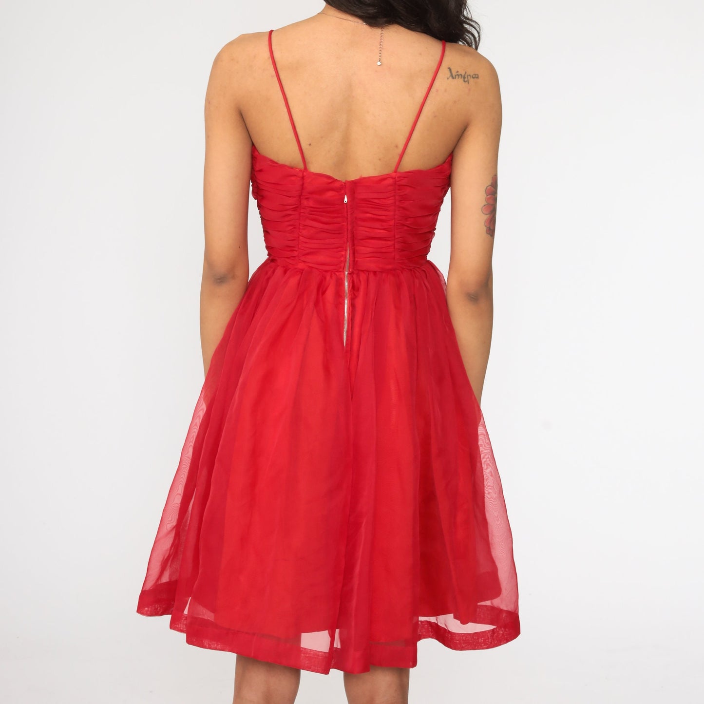 1950s Red Chiffon Party Dress Spaghetti Strap Tea Length Extra Small