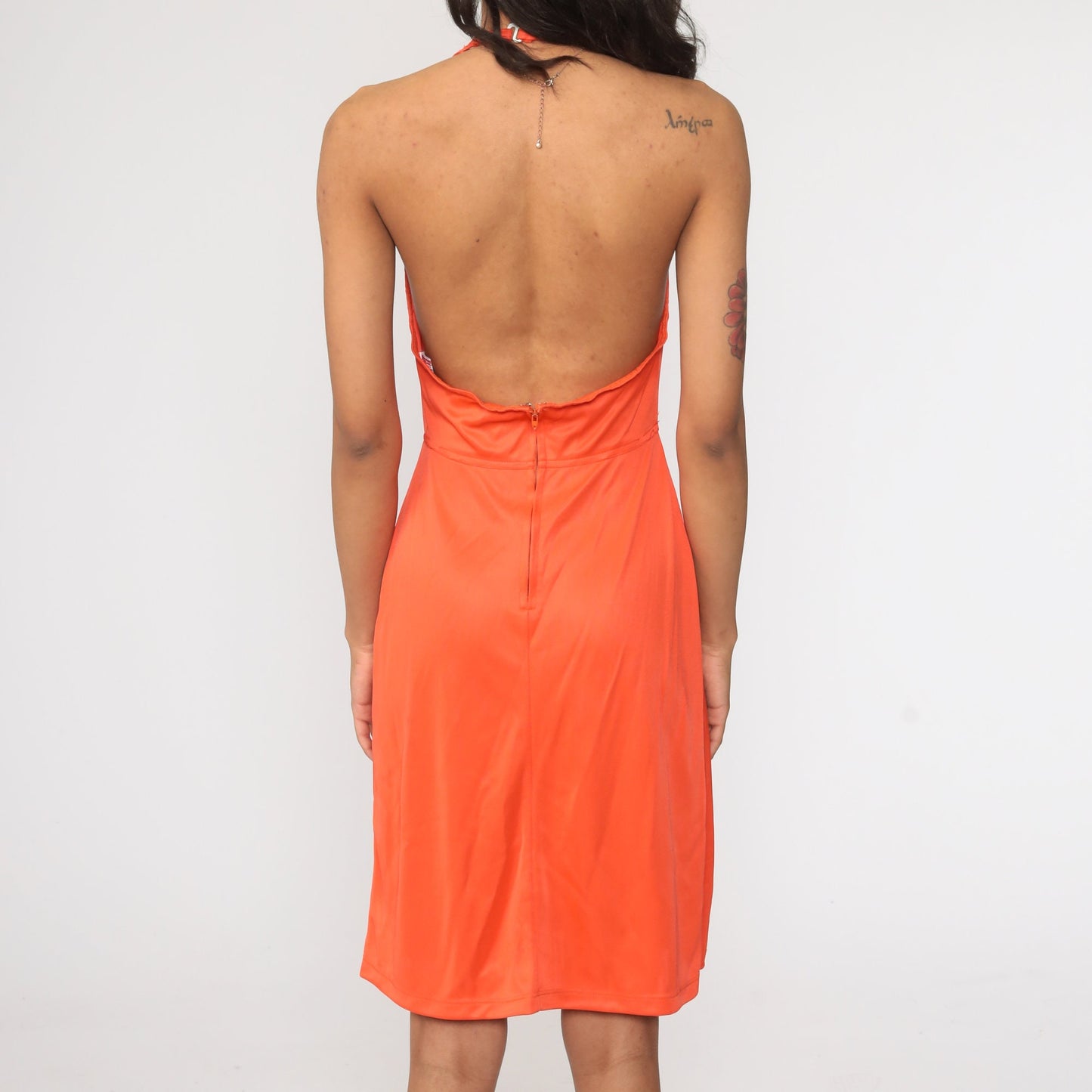 70s Orange Halter Midi Dress High Waist Grecian Disco Small