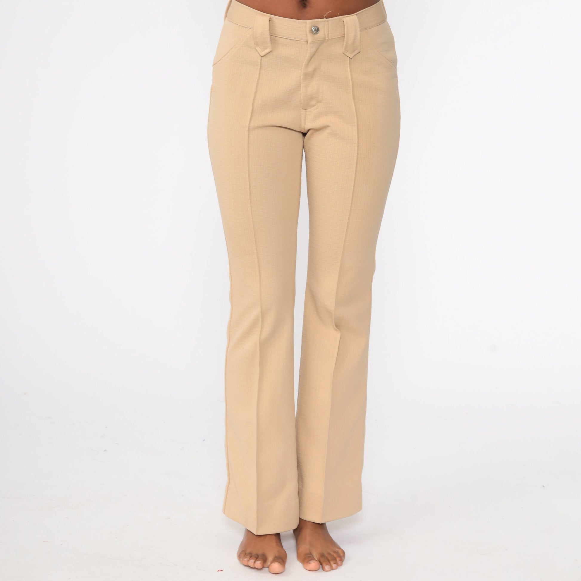 70s Tan Bell Bottom Pants High Waist Vintage Trousers Small 26