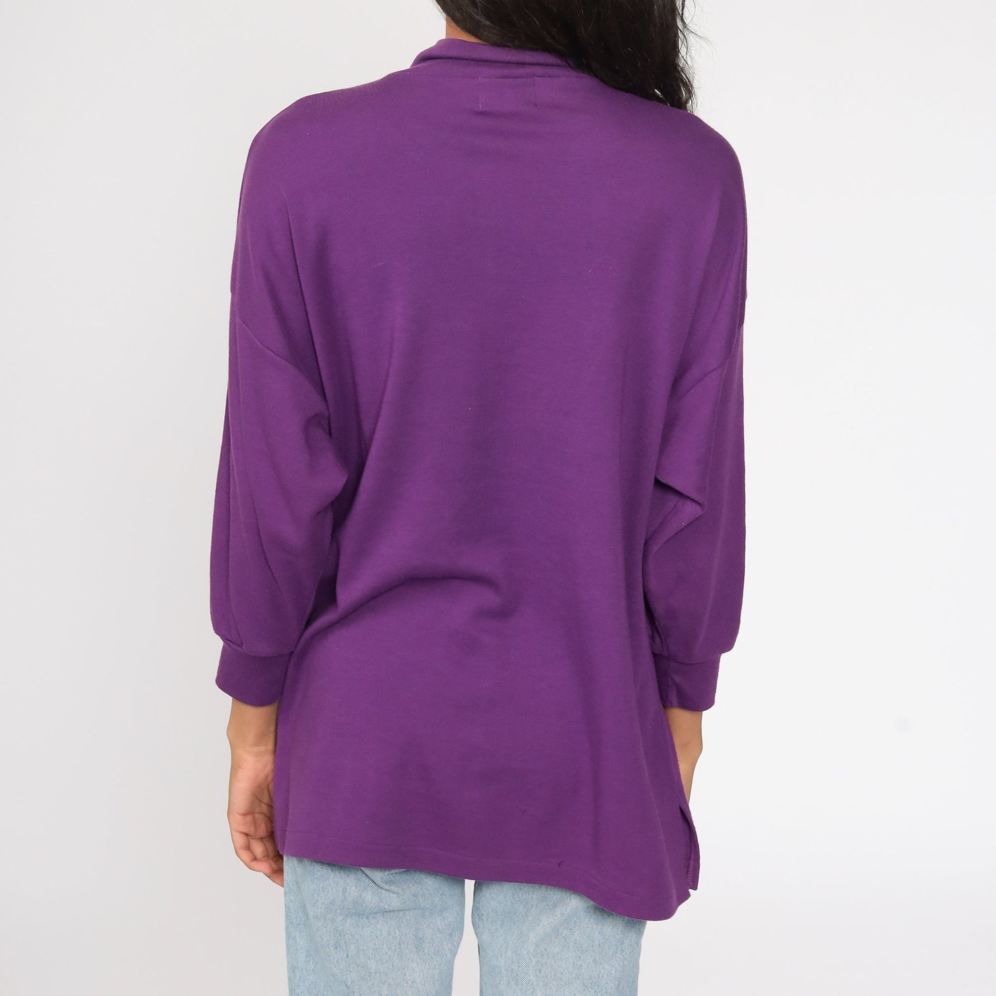80s Purple Rainbow Striped Cotton Button-Up Blouse Mock Neck Medium