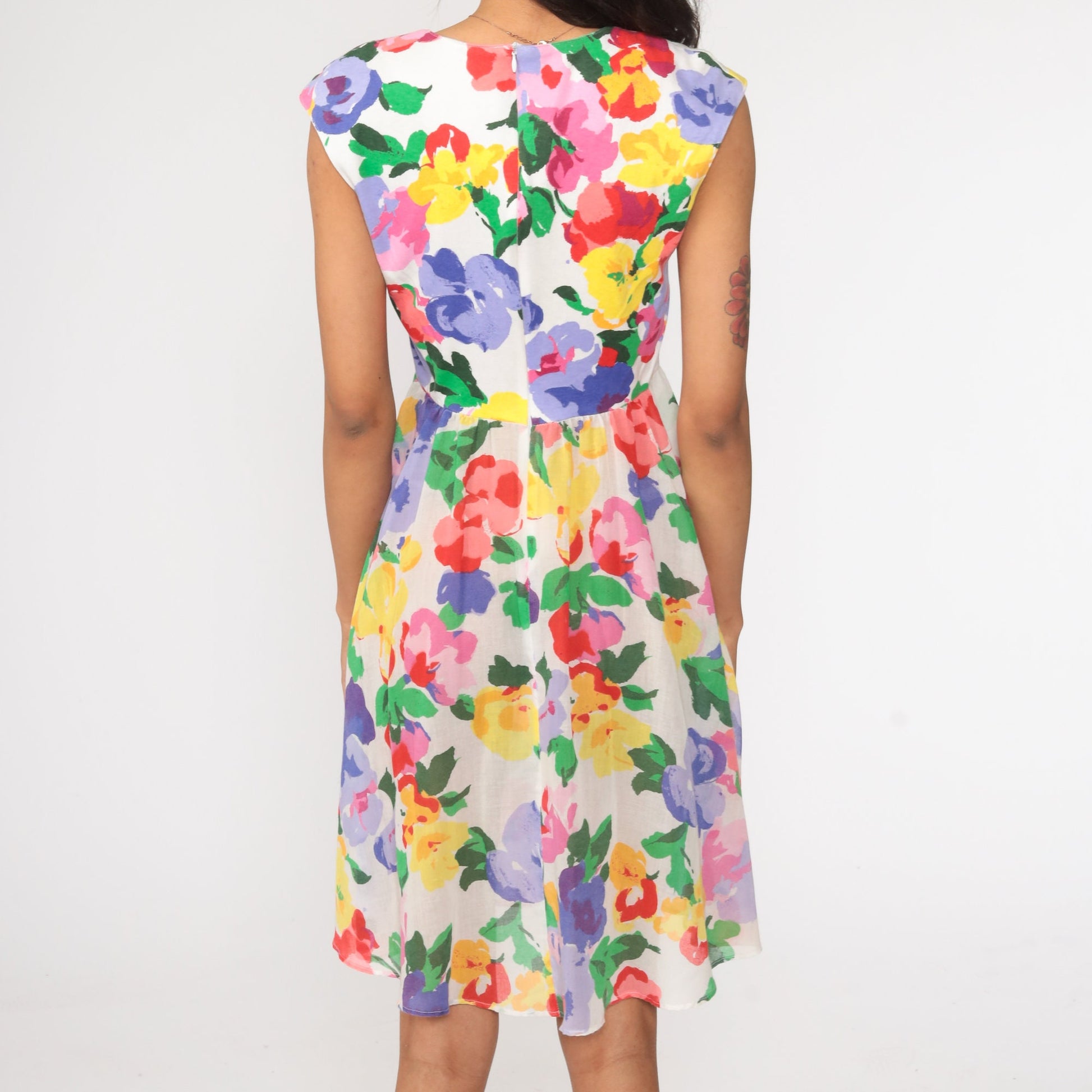 70s Floral Mini Dress White Cap Sleeve High Waist Small Medium