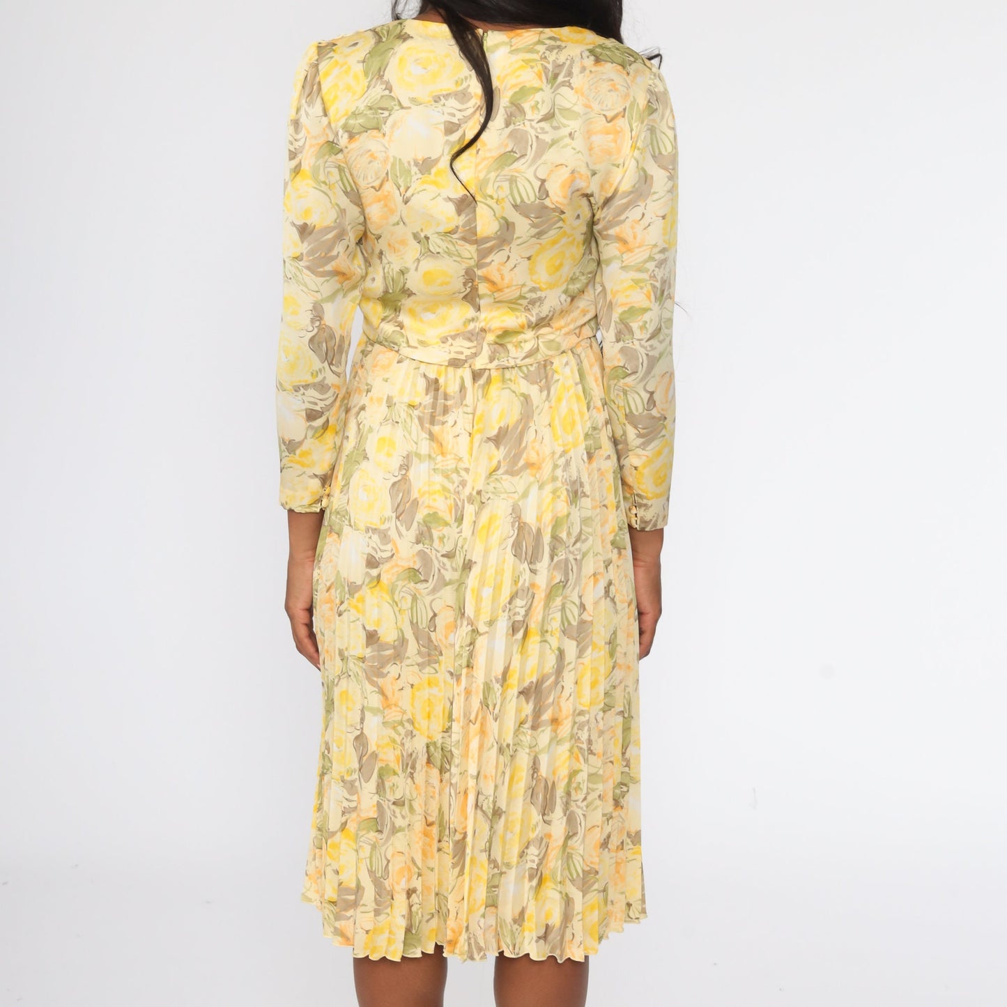 00s Yellow Floral Midi Dress Cowl Neck Pleated Long Sleeve Small S