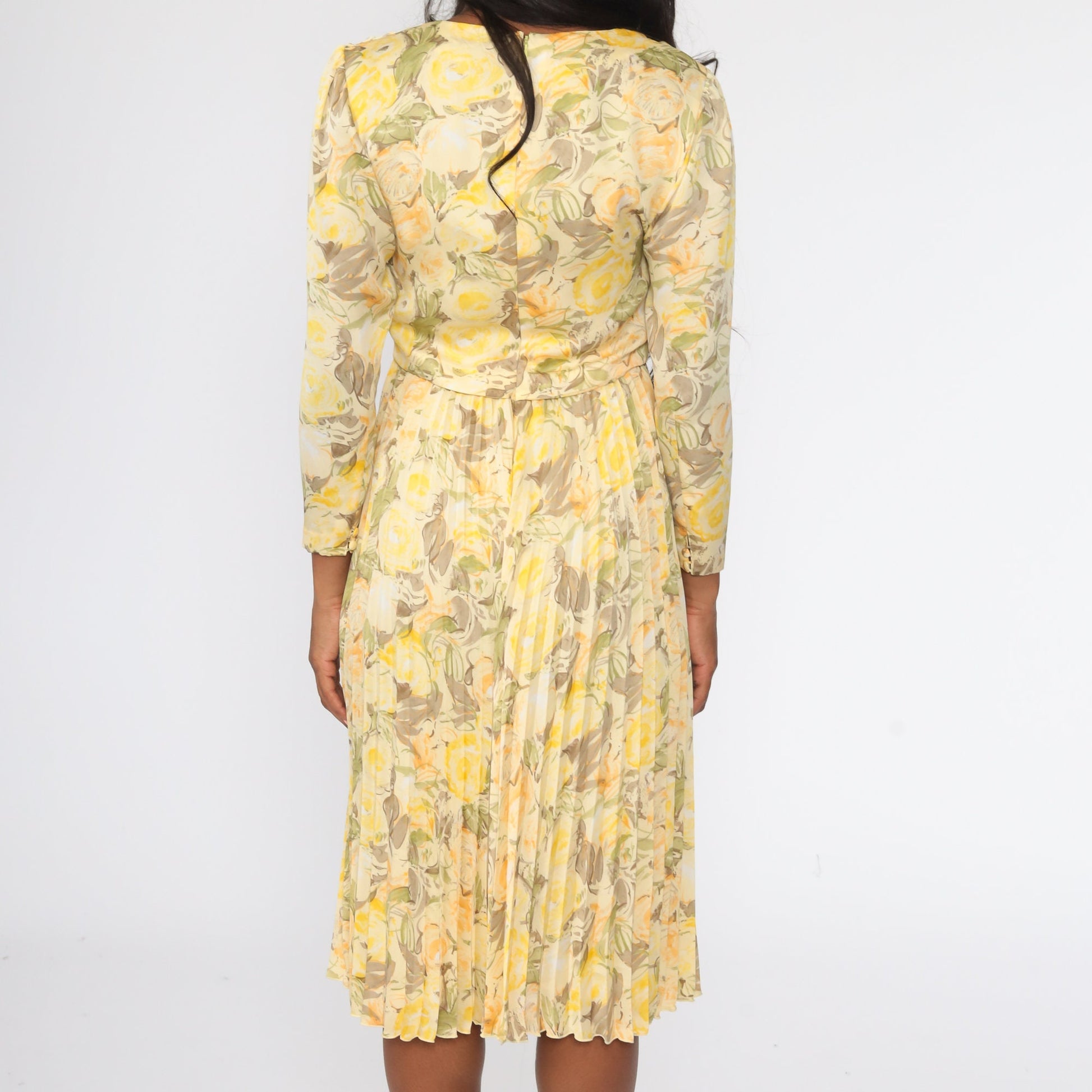 00s Yellow Floral Midi Dress Cowl Neck Pleated Long Sleeve Small S