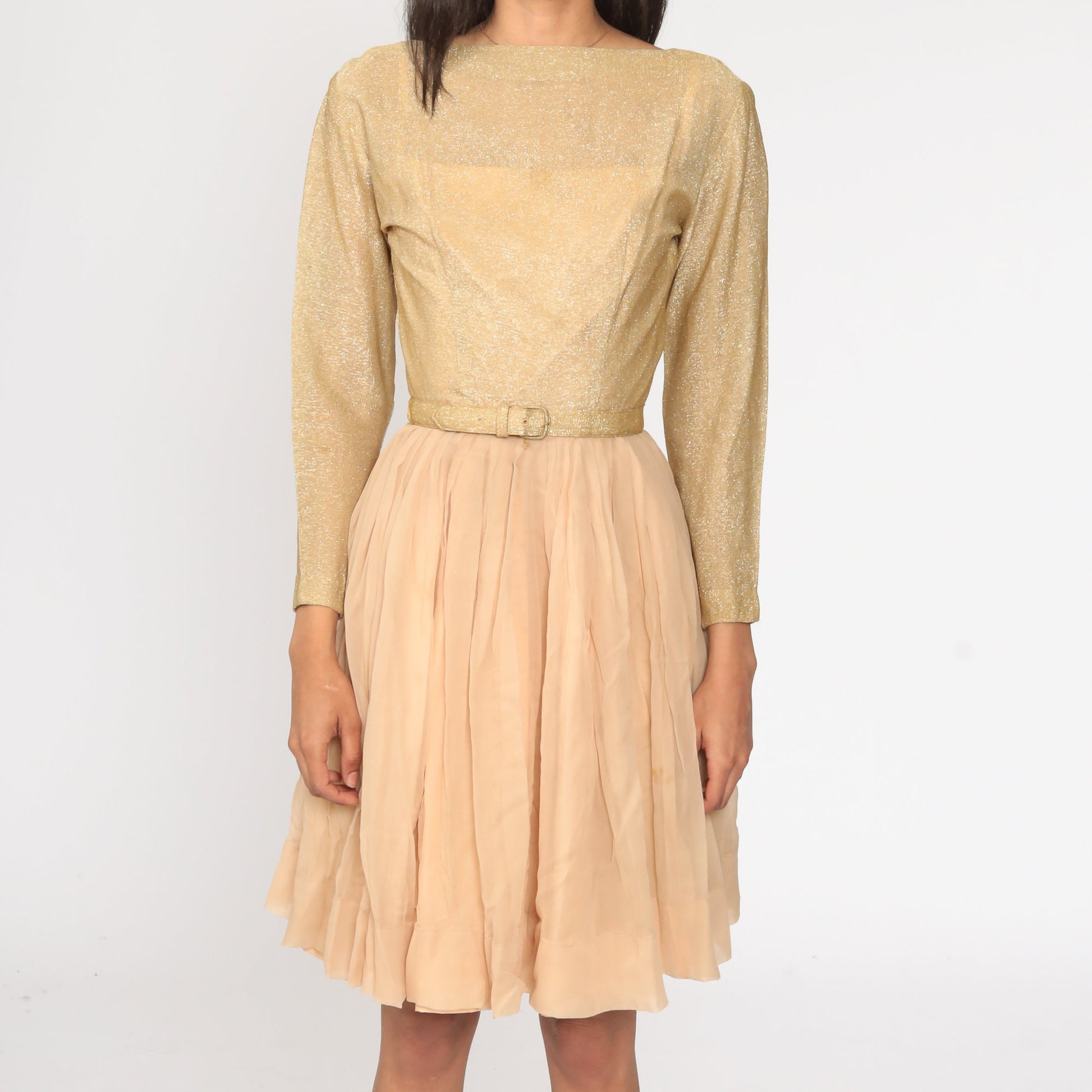 60s Jonathan Logan Gold Lurex Chiffon Midi Dress Extra Small XS