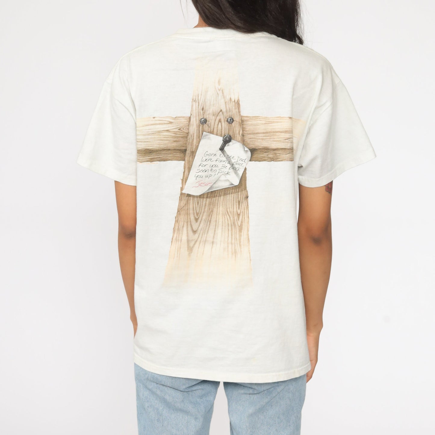 90s Christian Graphic T-Shirt Gone To See Dad Jesus Cross Tee Cotton Medium