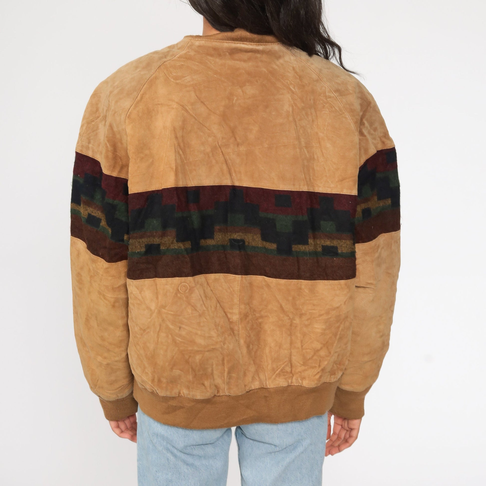 80s Brown Suede Leather Jacket Southwestern Tribal Print Bomber Large L
