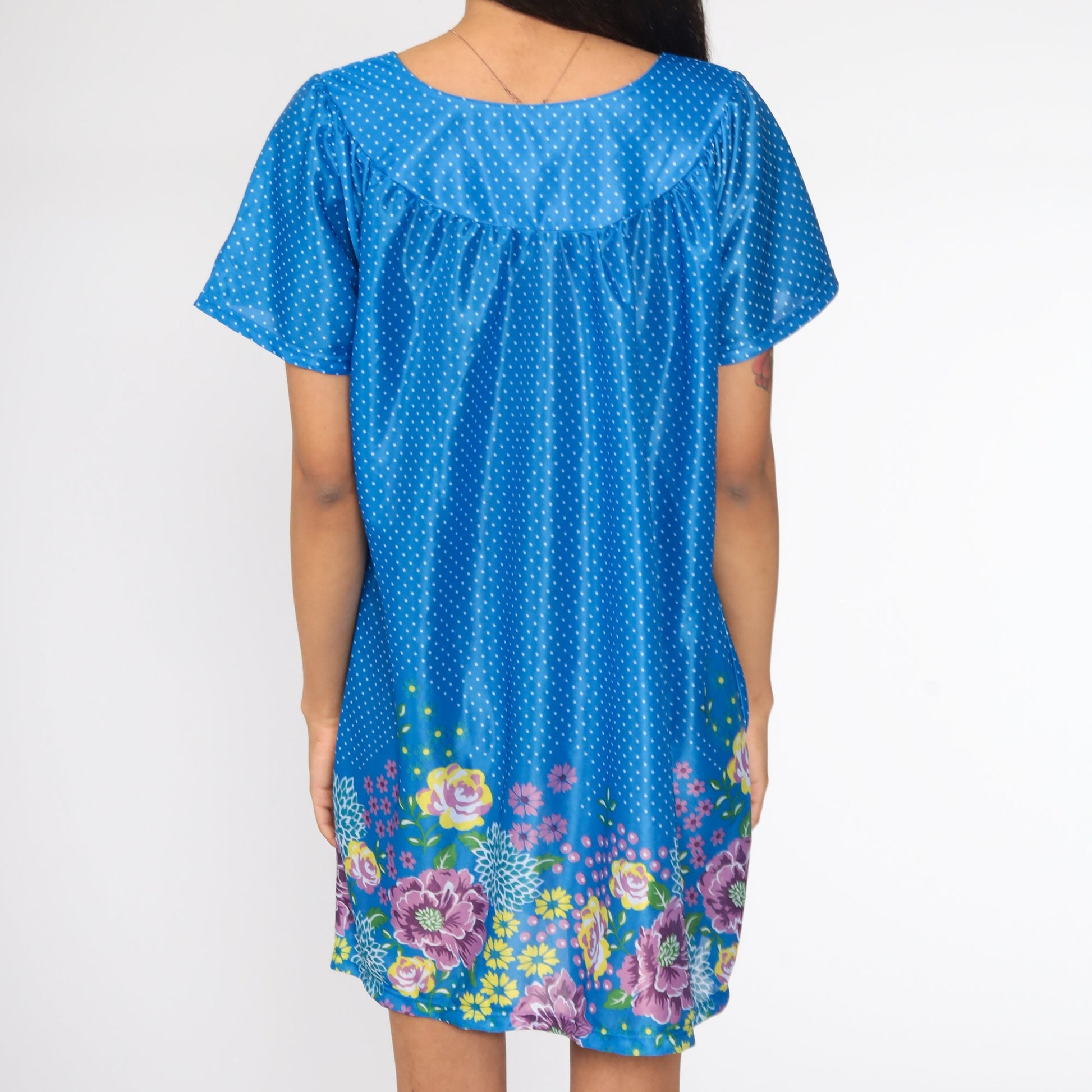 80s Floral Mini Dress Blue Polka Dot Tent Cut Plus Size 1X