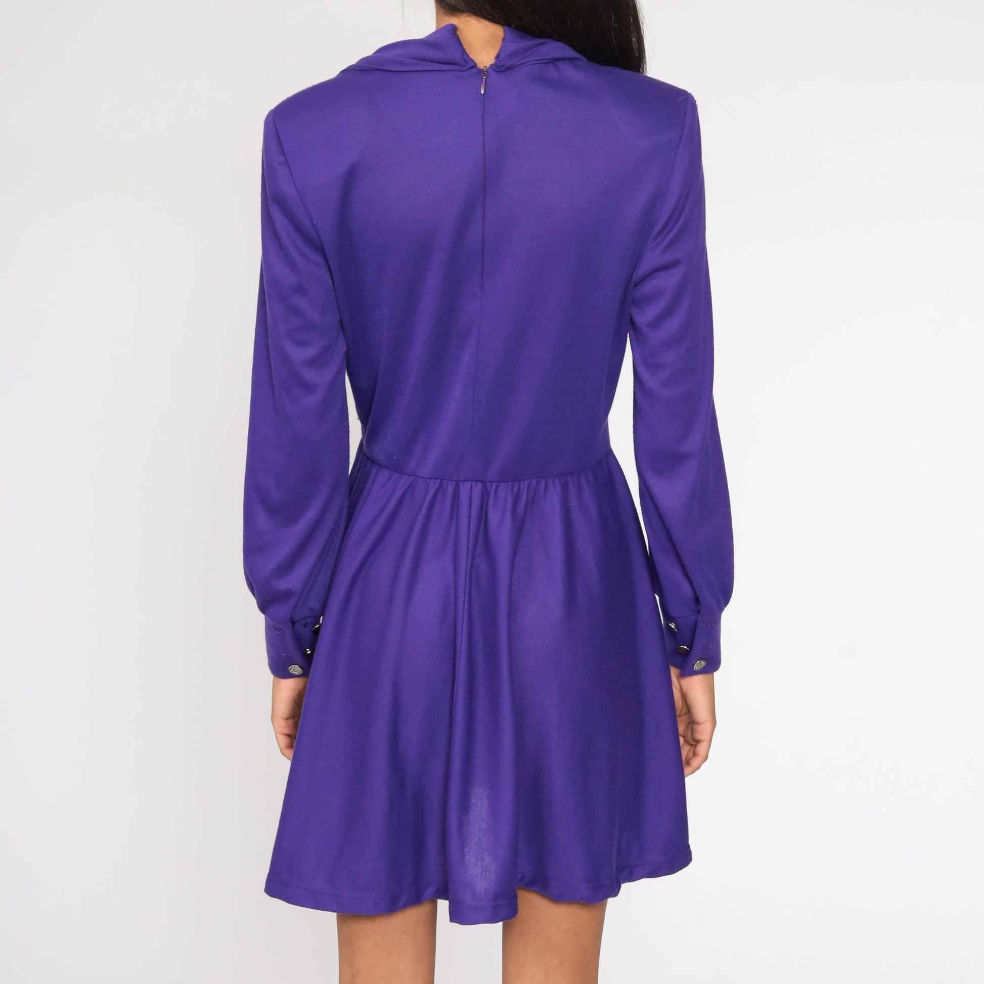 80s Purple Cowl Neck Mini Dress Long Sleeve High Waisted Medium Large