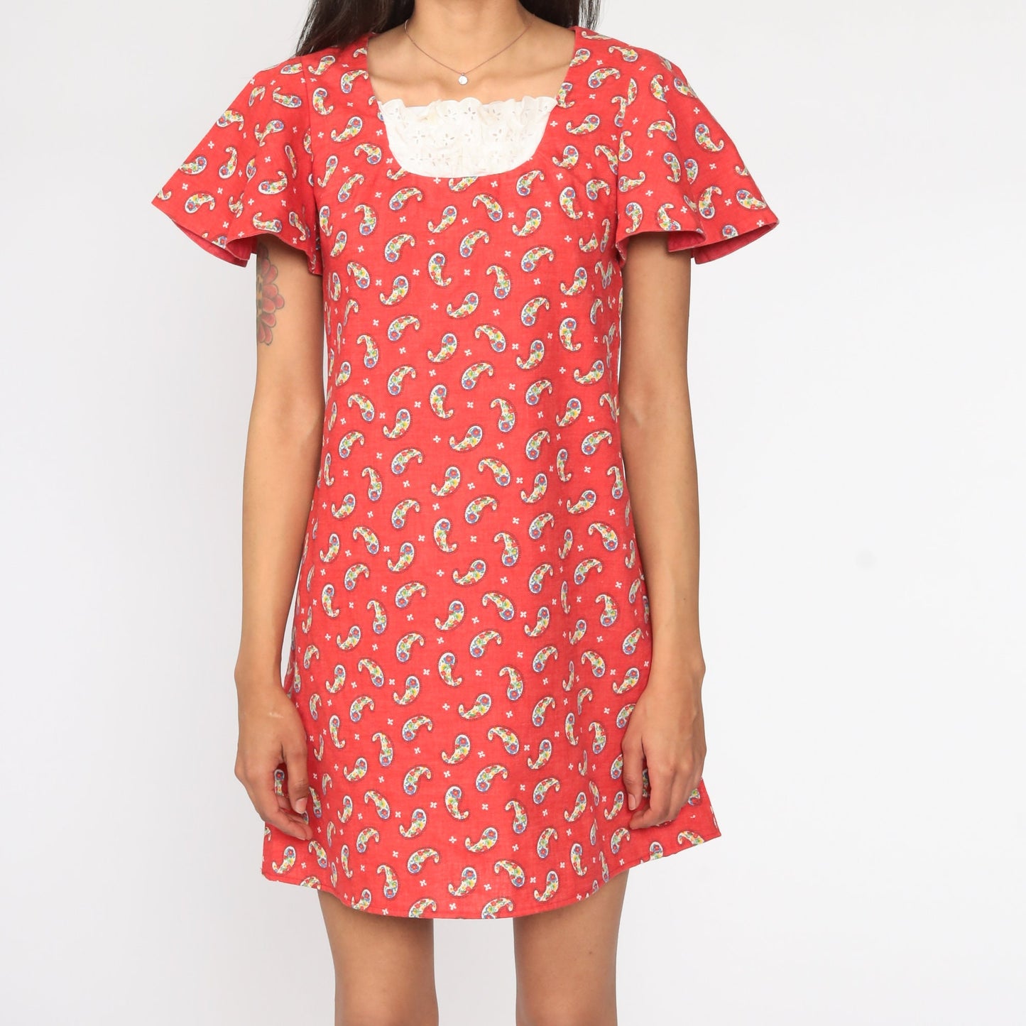 60s Psychedelic Paisley Mini Dress Flutter Sleeve Shift Red Small