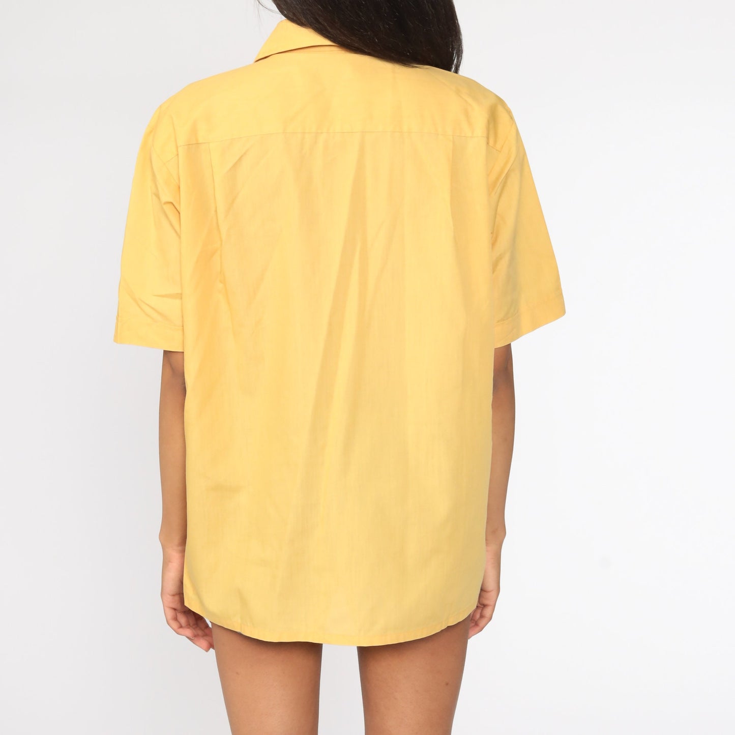 70s Yellow Button-Up Shirt Pointed Collar Short Sleeve Disco Blouse Large