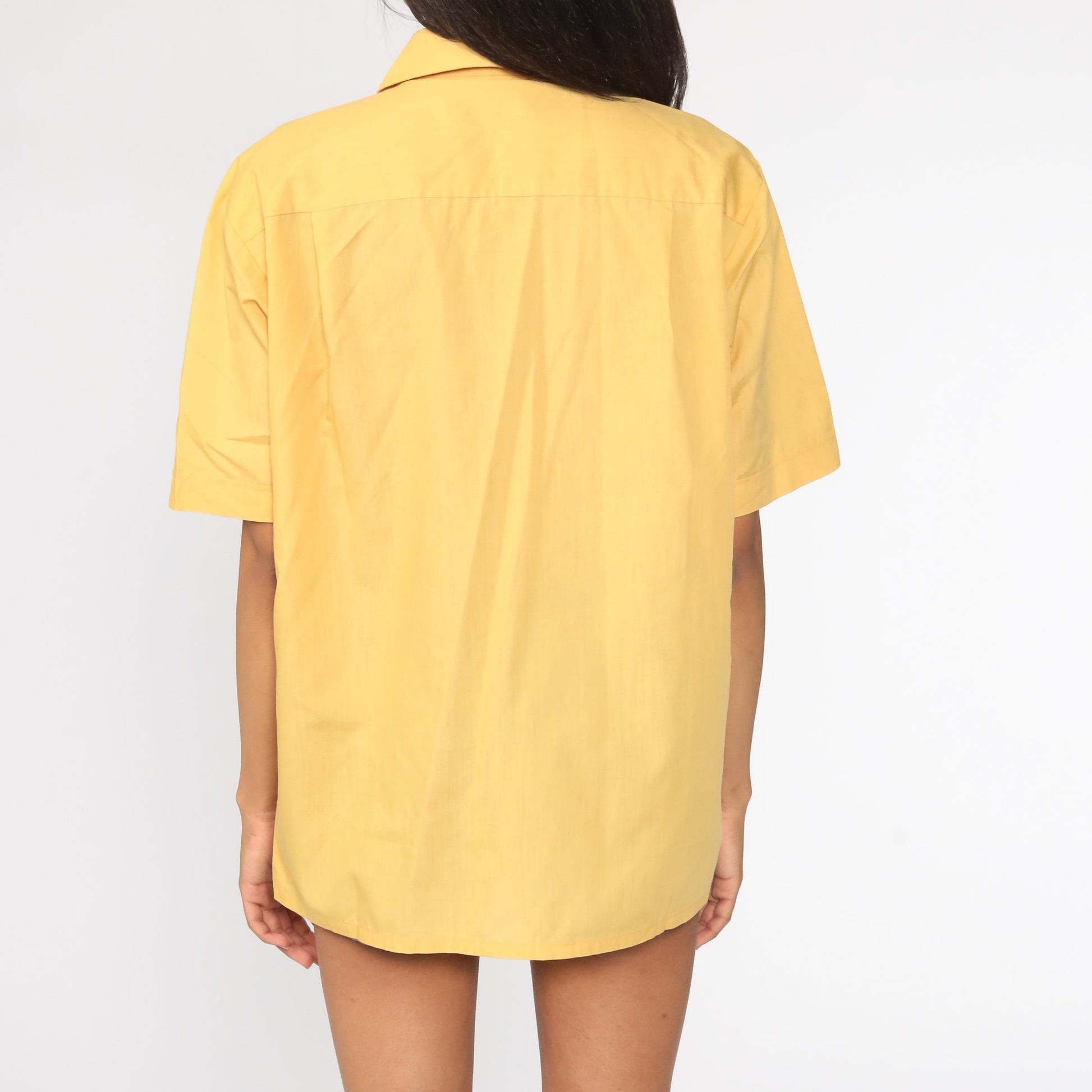 70s Yellow Button-Up Shirt Pointed Collar Short Sleeve Disco Blouse Large
