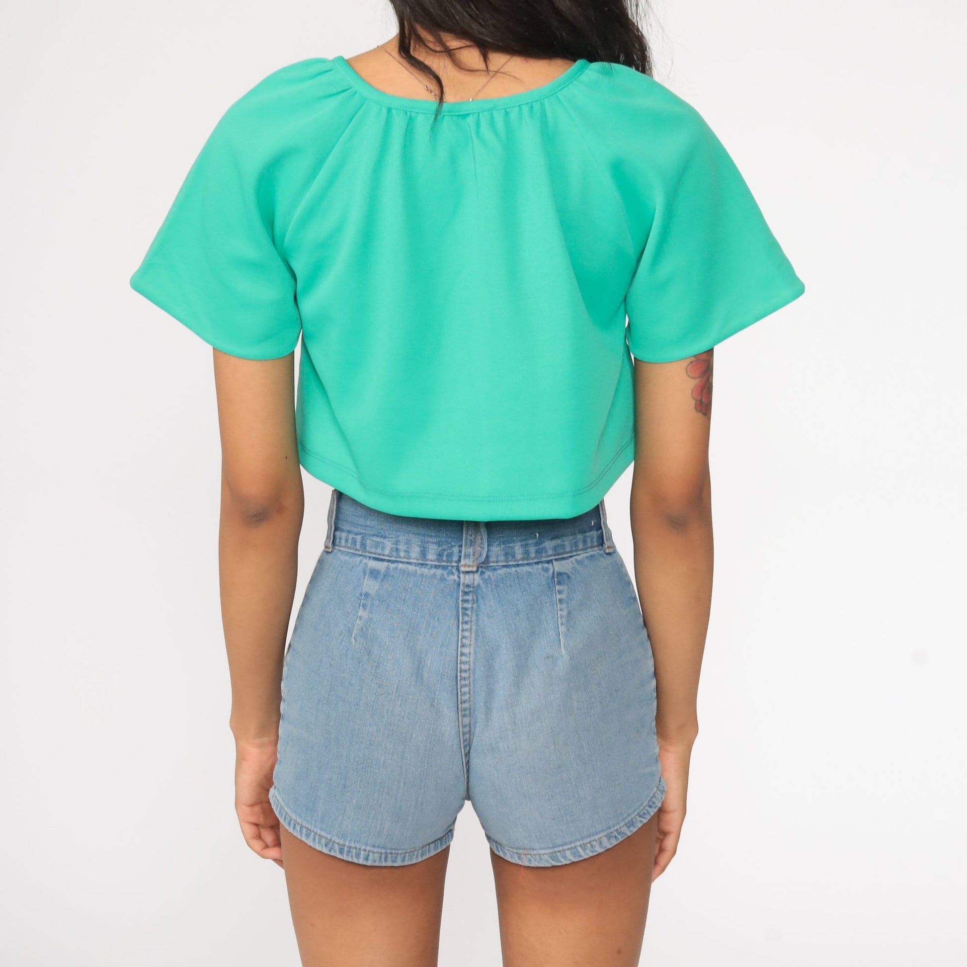 70s Green Crop Top Keyhole Neck Flutter Sleeve Blouse Small