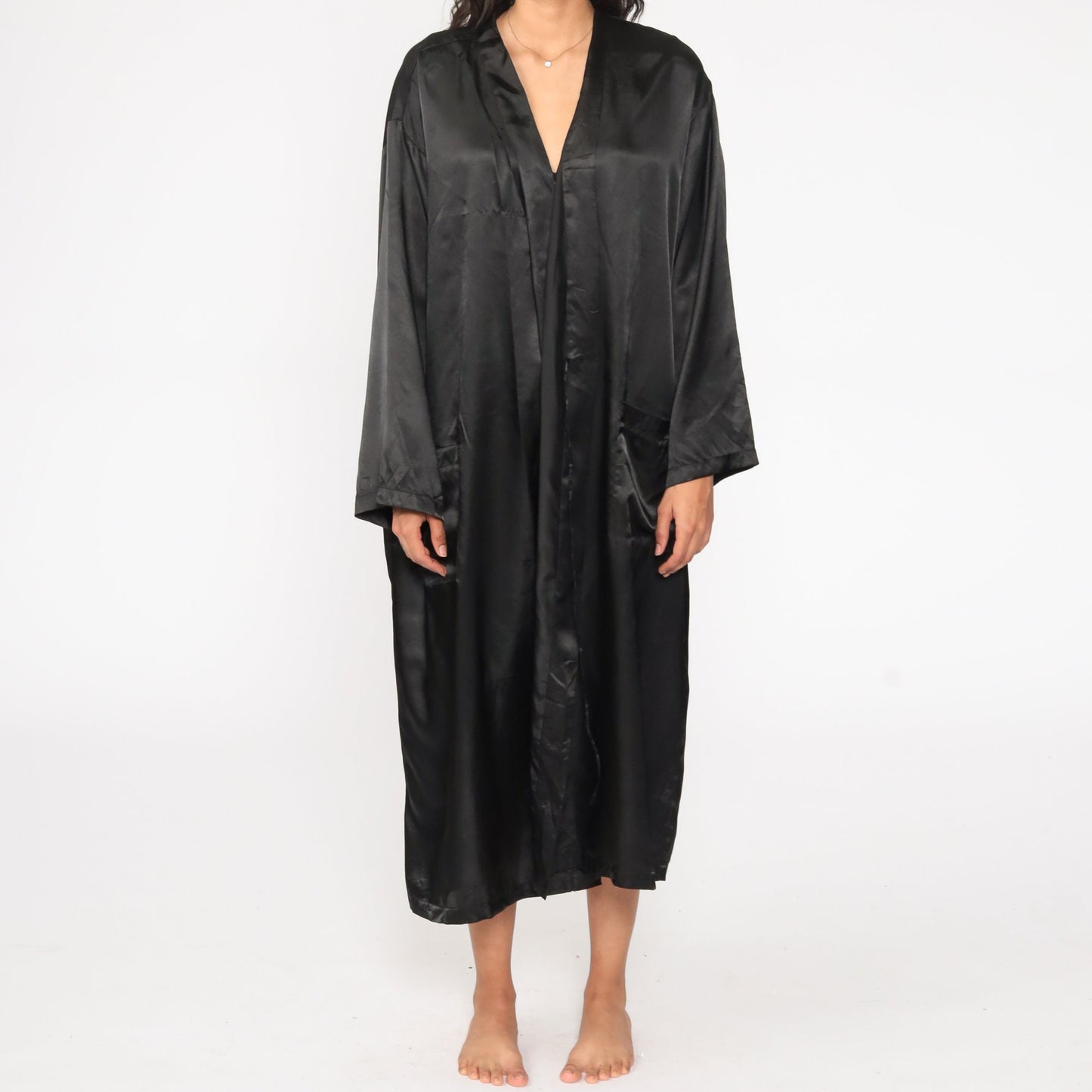 80s Black Satin California Embroidered Kimono Robe Maxi Wrap One Size