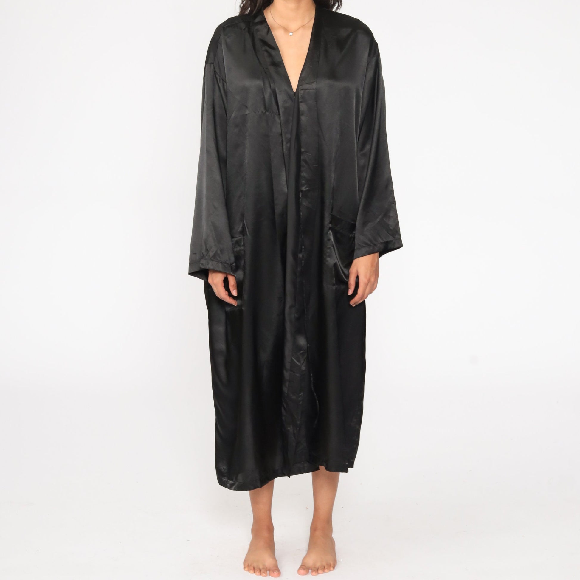 80s Black Satin California Embroidered Kimono Robe Maxi Wrap One Size
