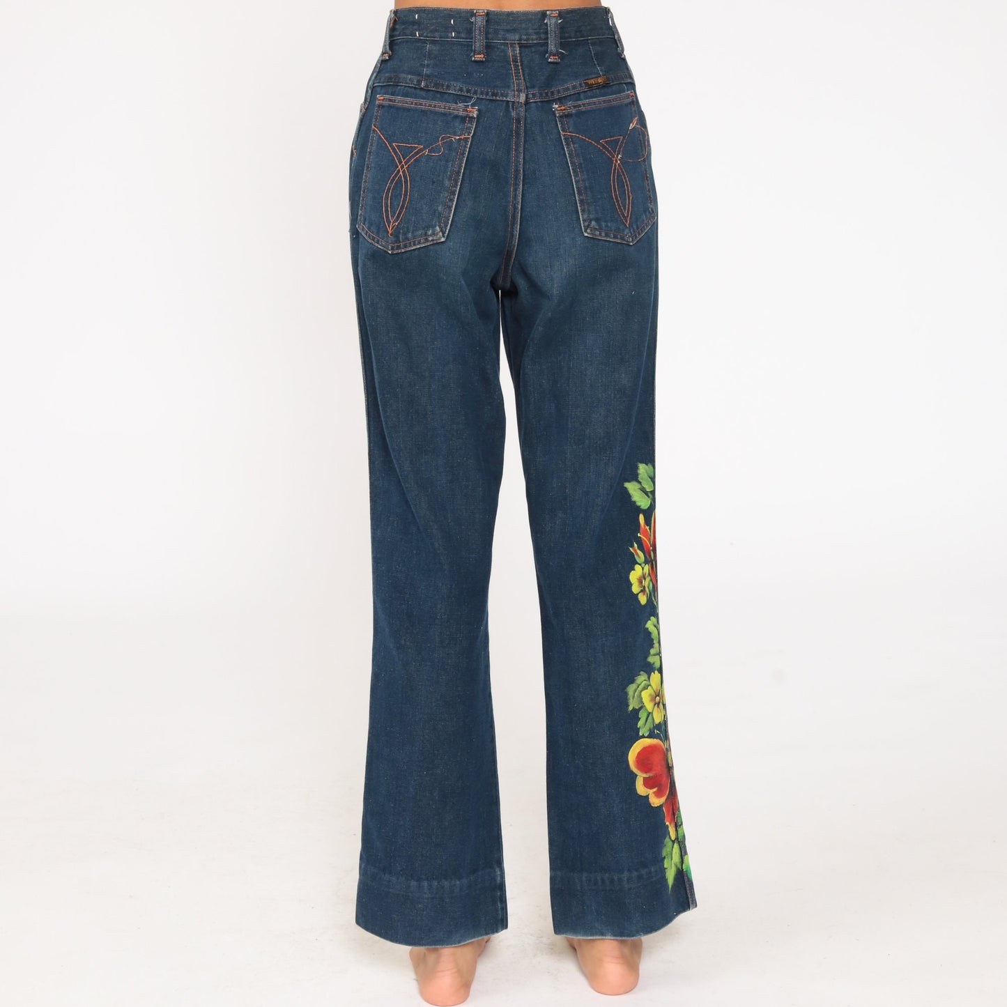 70s Wrangler Painted Butterfly Floral High Waist Straight Leg Jeans Blue 26