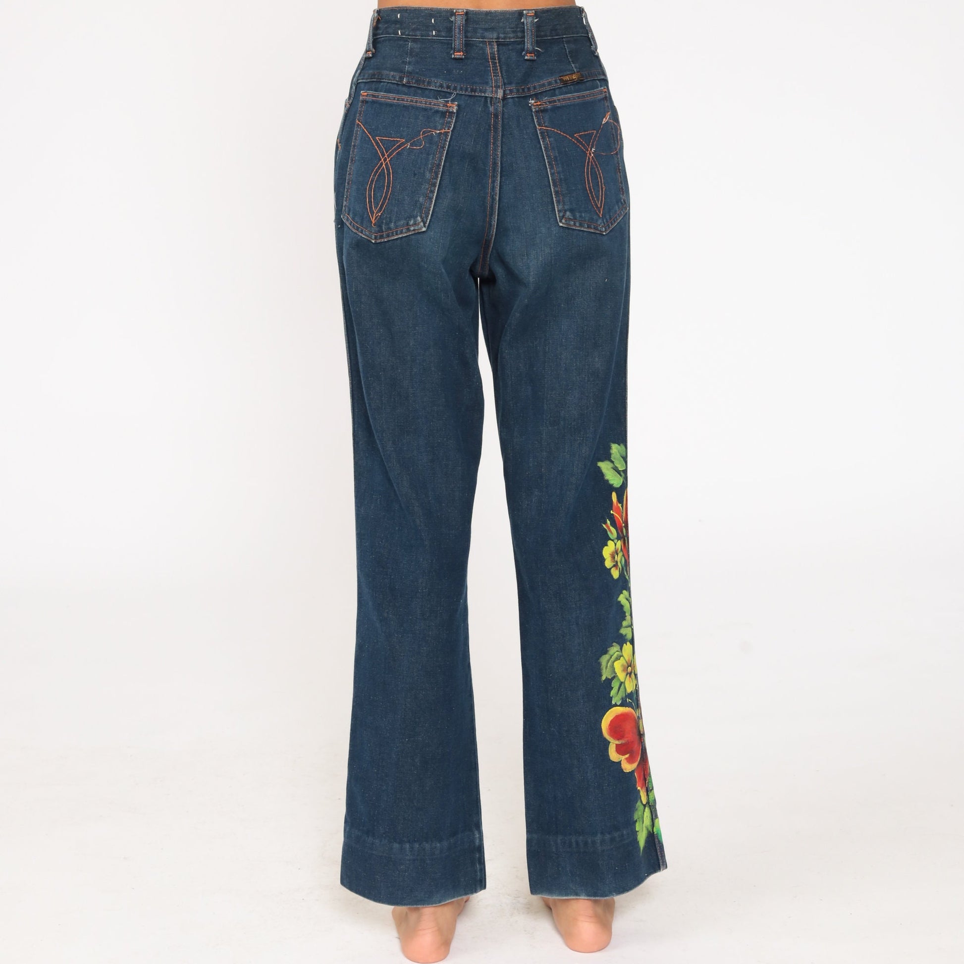 70s Wrangler Painted Butterfly Floral High Waist Straight Leg Jeans Blue 26