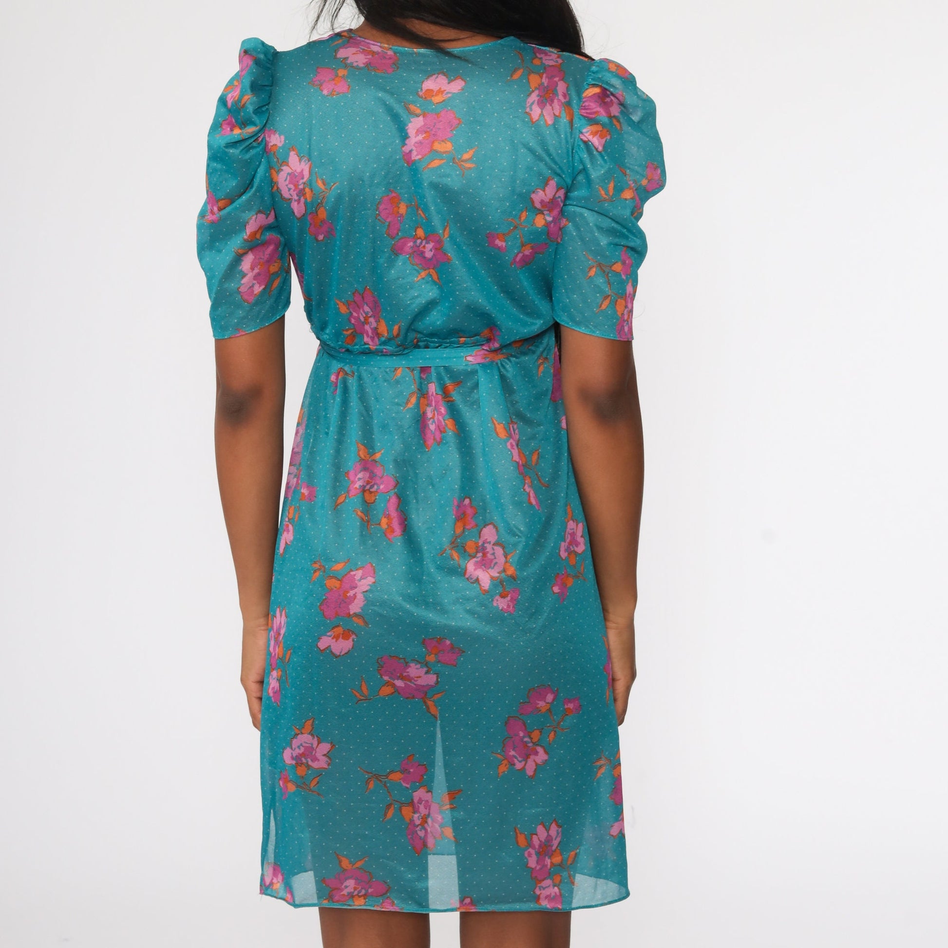 1970s Floral Midi Dress Blue Purple V-Neck Puff Sleeve Wrap High Waist Small