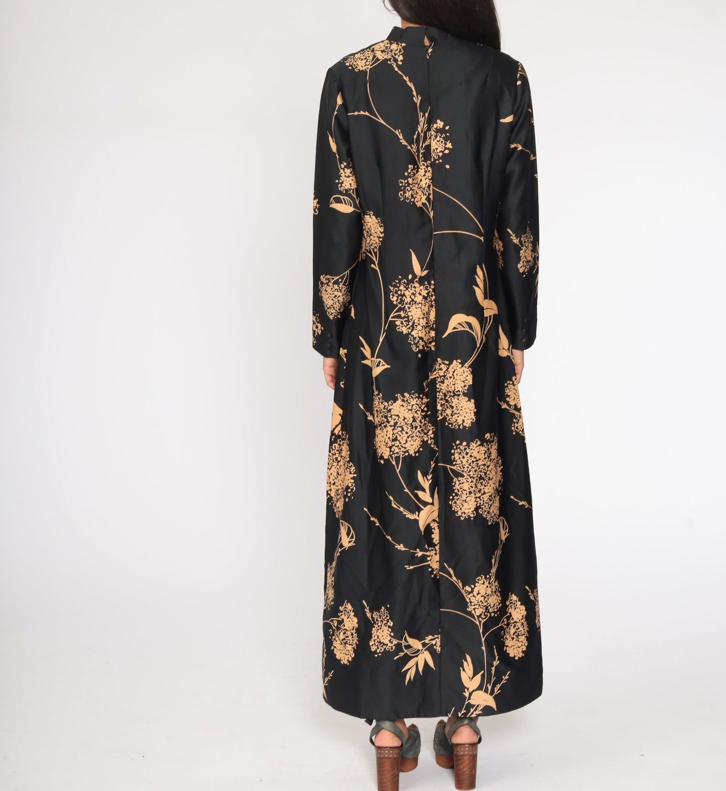70s Tori Richard Hawaiian Floral Maxi Dress Black High Neck Long Sleeve Medium Large