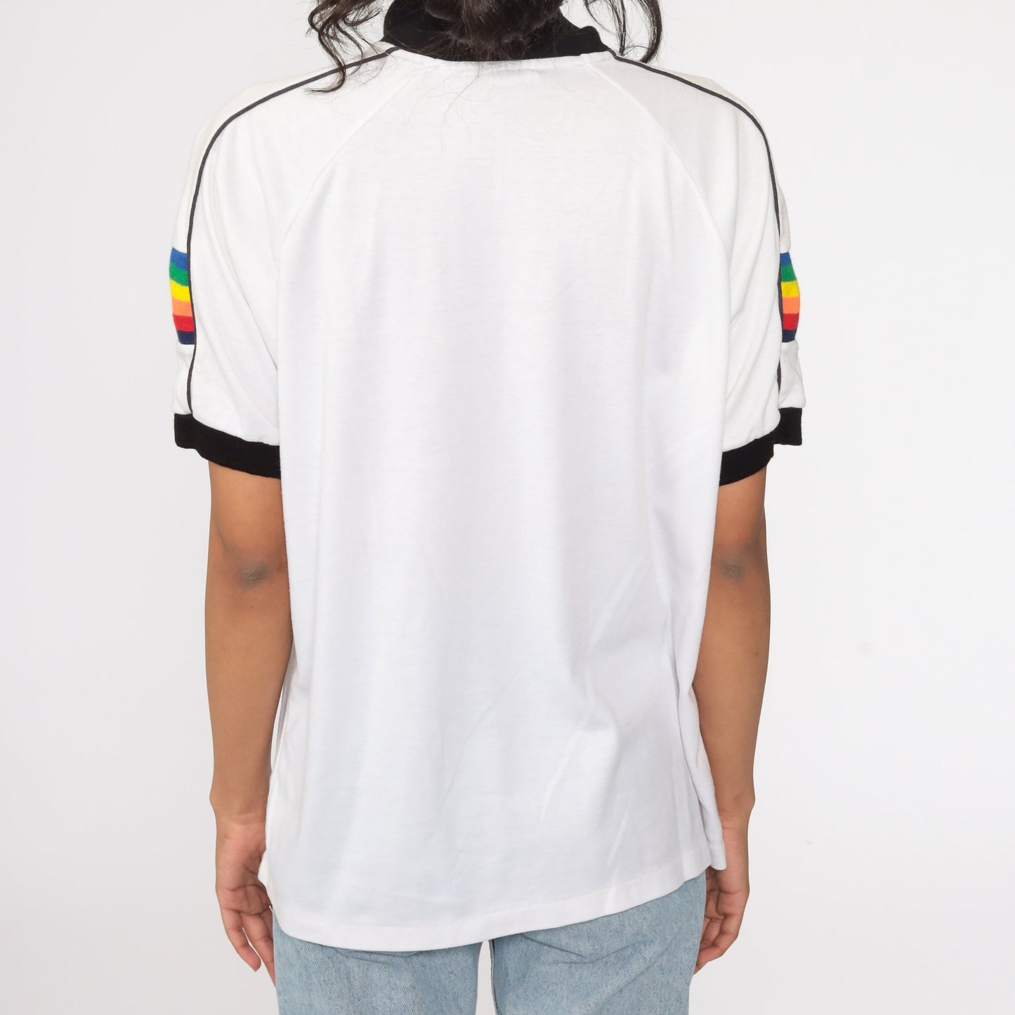 80s Hawaii Rainbow Sailboat Polo Shirt Striped Collared Half-Button Extra Large