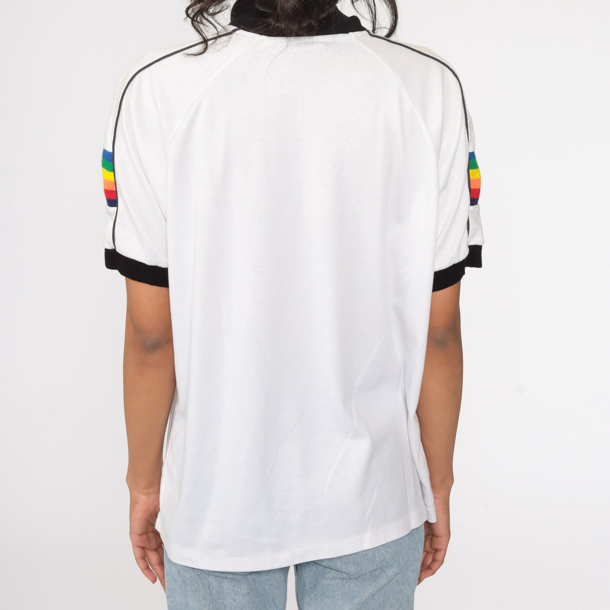 80s Hawaii Rainbow Sailboat Polo Shirt Striped Collared Half-Button Extra Large