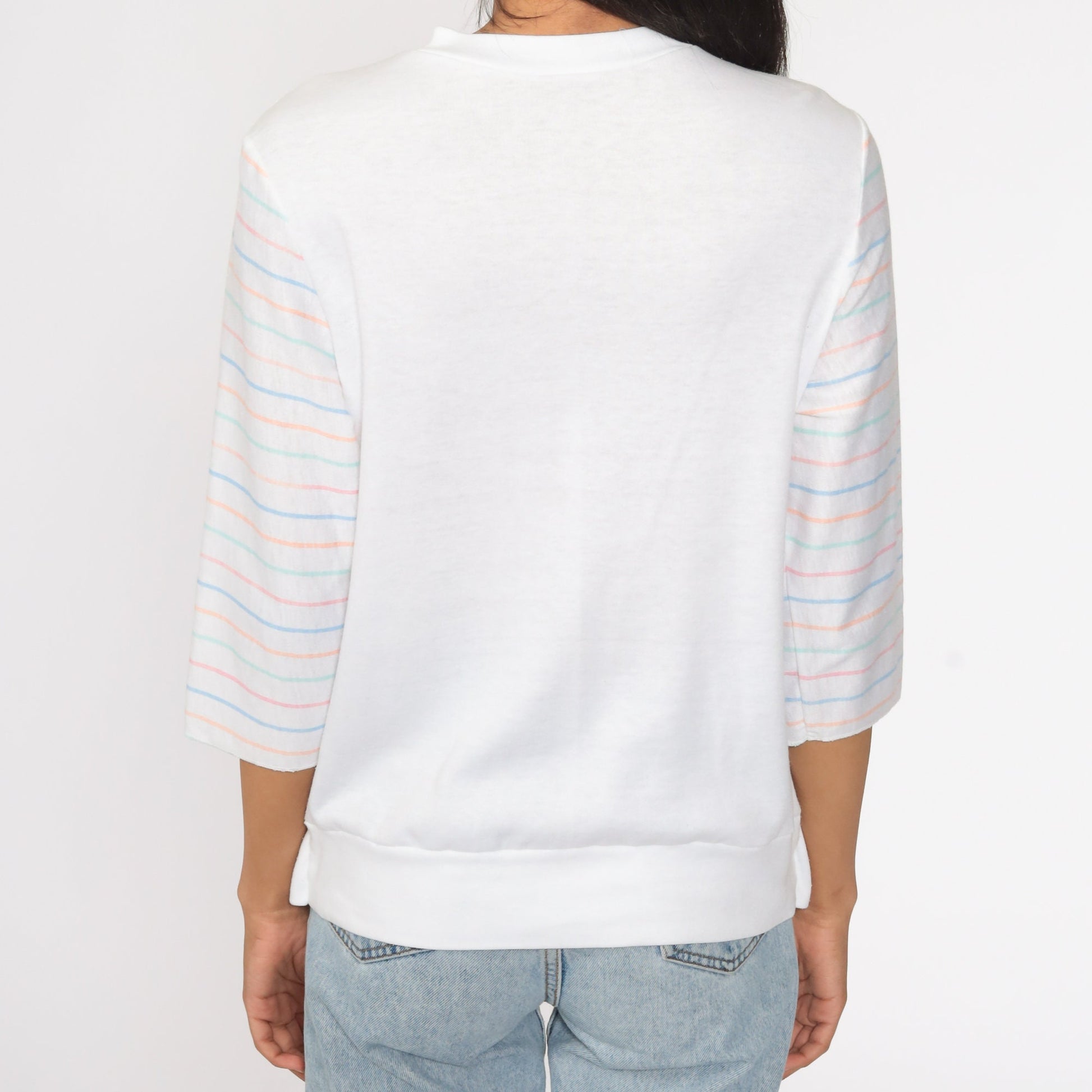 80s White Striped Mesh 3/4 Sleeve Shirt Medium