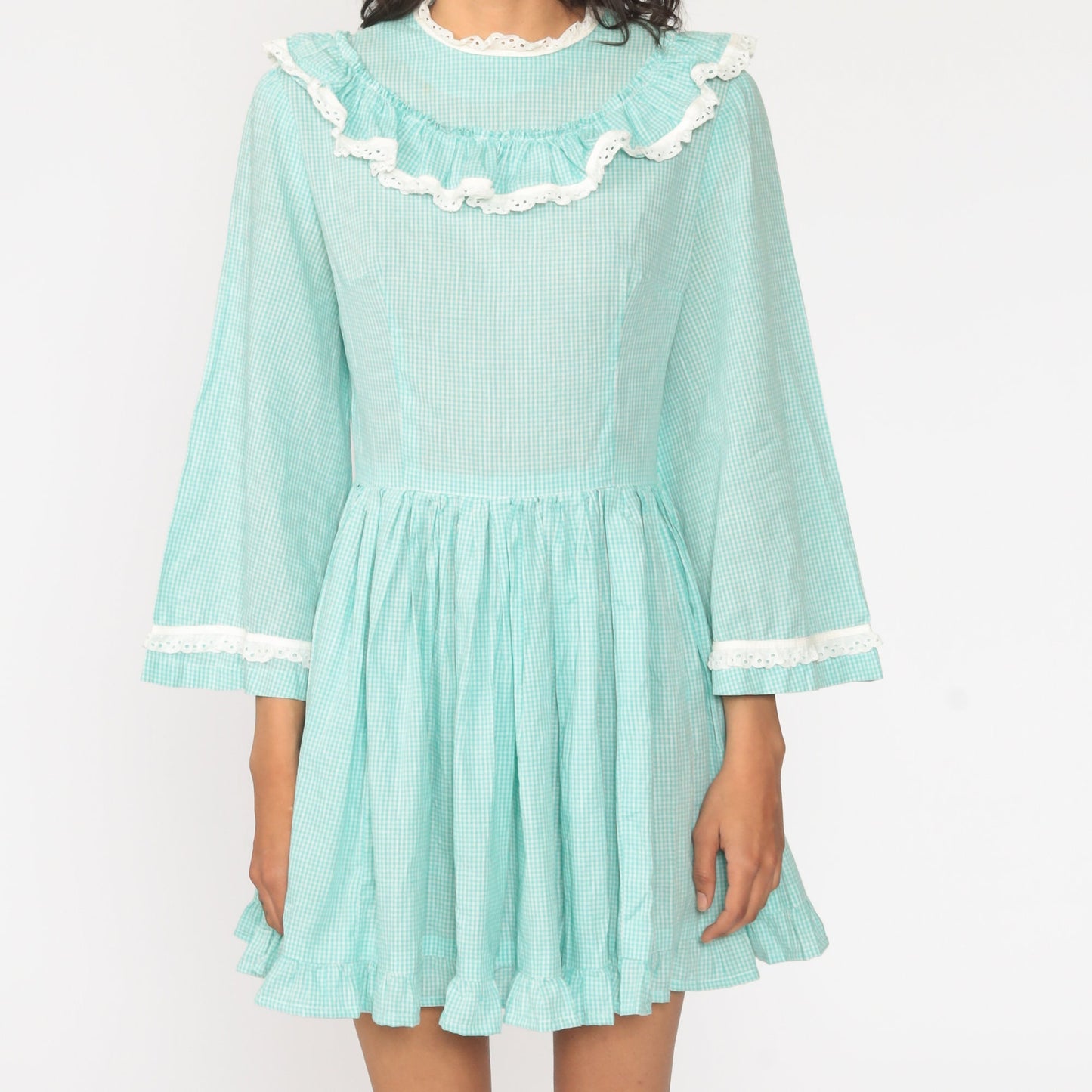 1960s Gingham Mini Dress Bell Sleeve Eyelet Lace Bluish Green Small