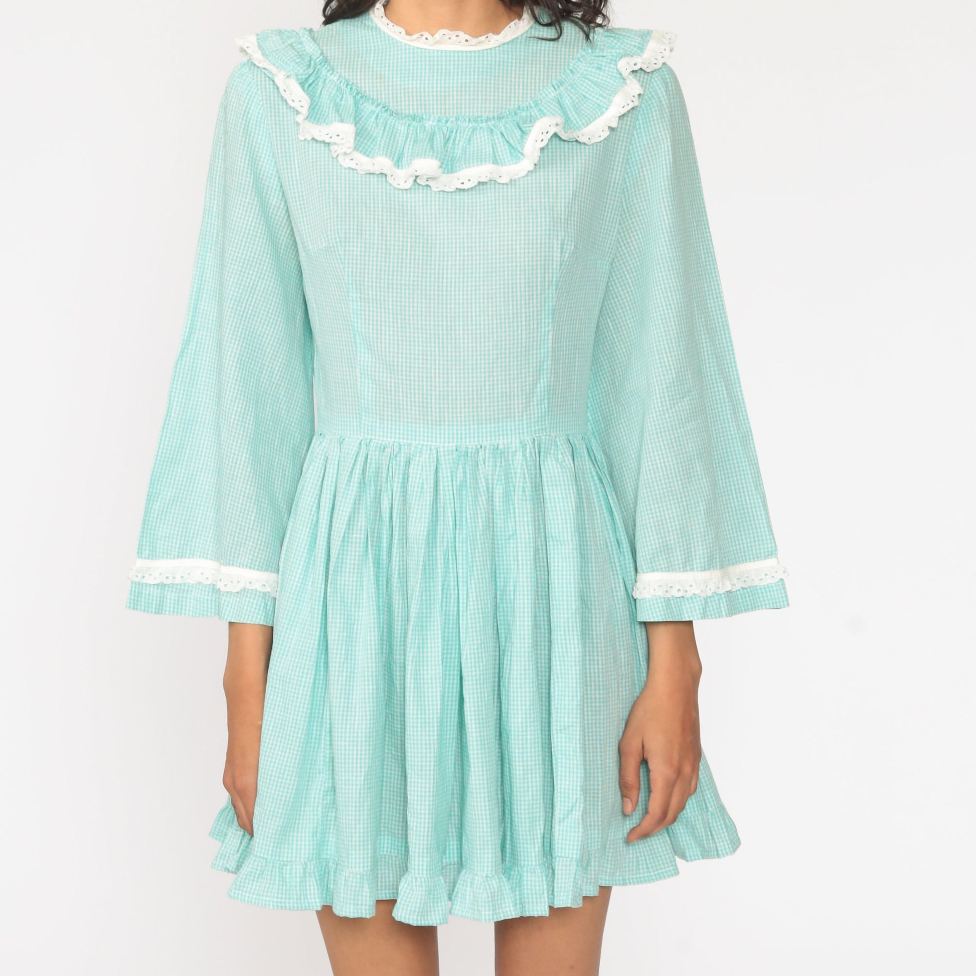 1960s Gingham Mini Dress Bell Sleeve Eyelet Lace Bluish Green Small