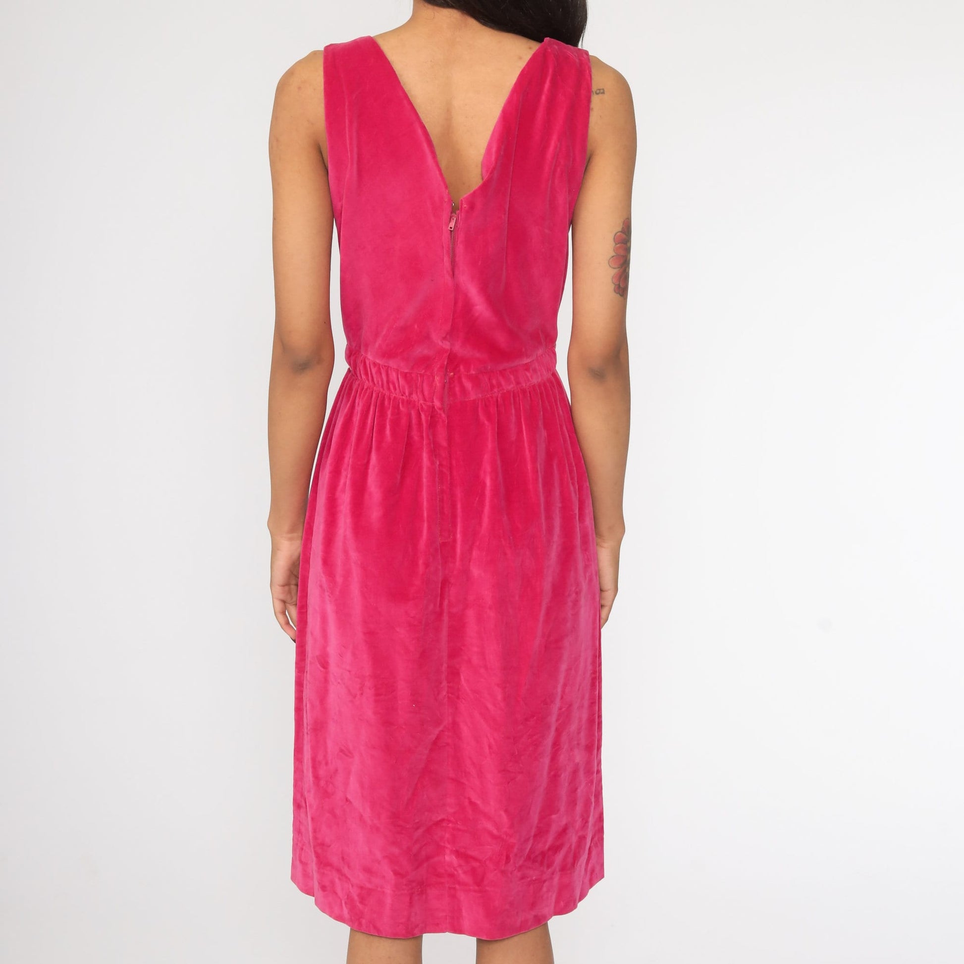 60s Pink Velvet Midi Dress Sheath V-Neck Small