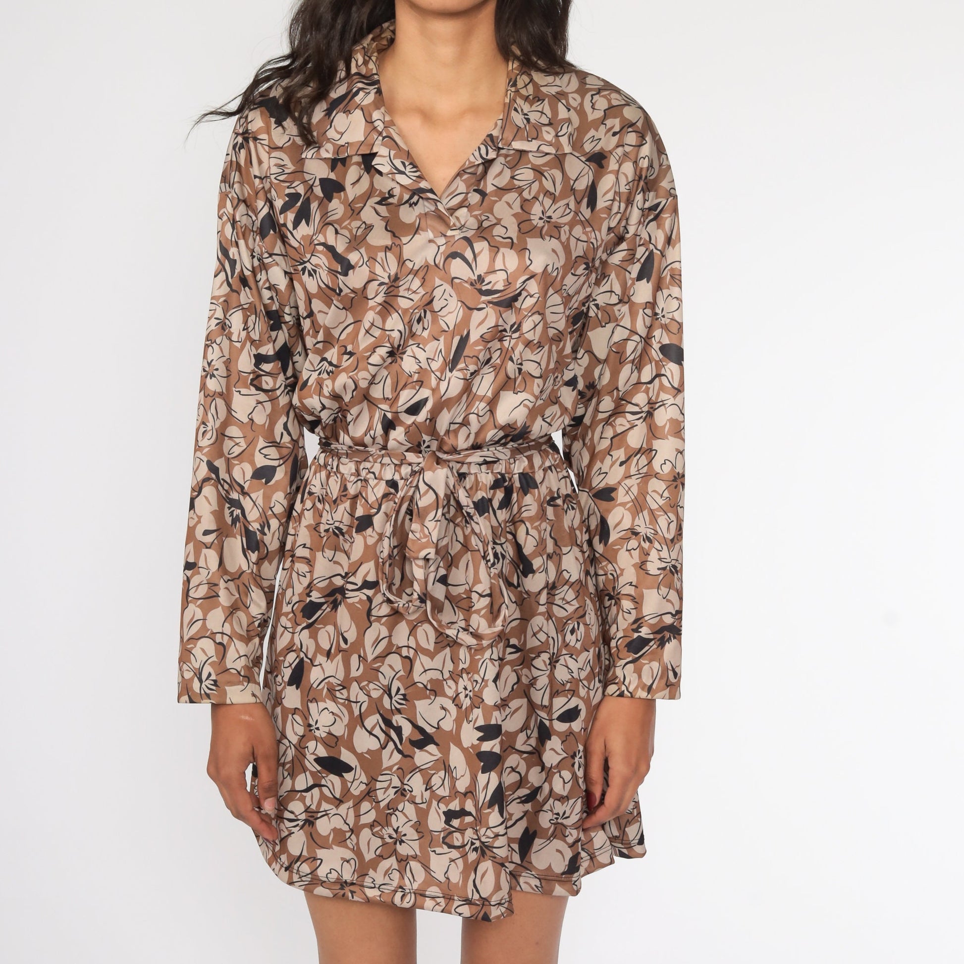 70s Floral Mini Dress Brown High Waist Long Sleeve Collared Large L