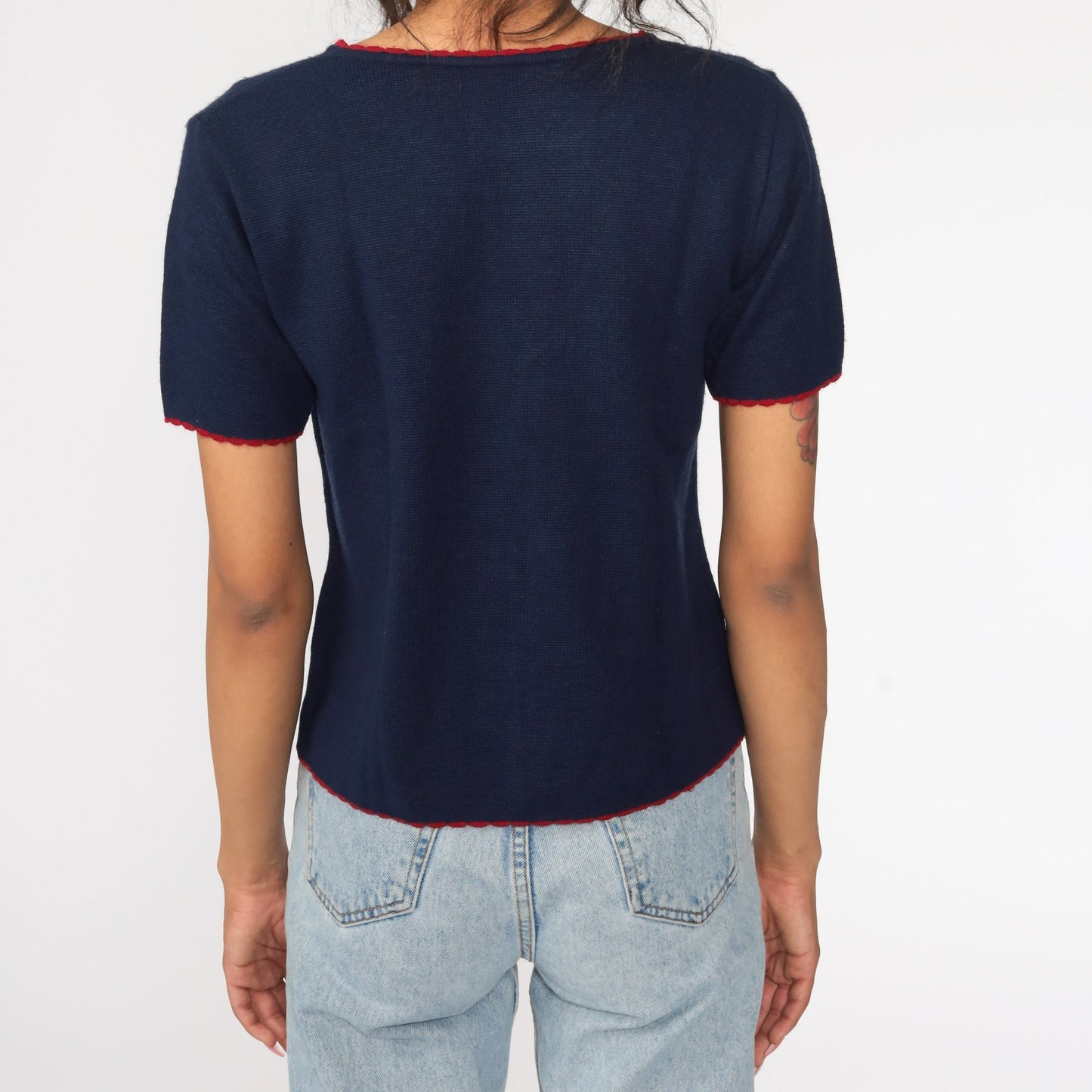 80s Navy Embroidered Cat Knit Top Short Sleeve Medium
