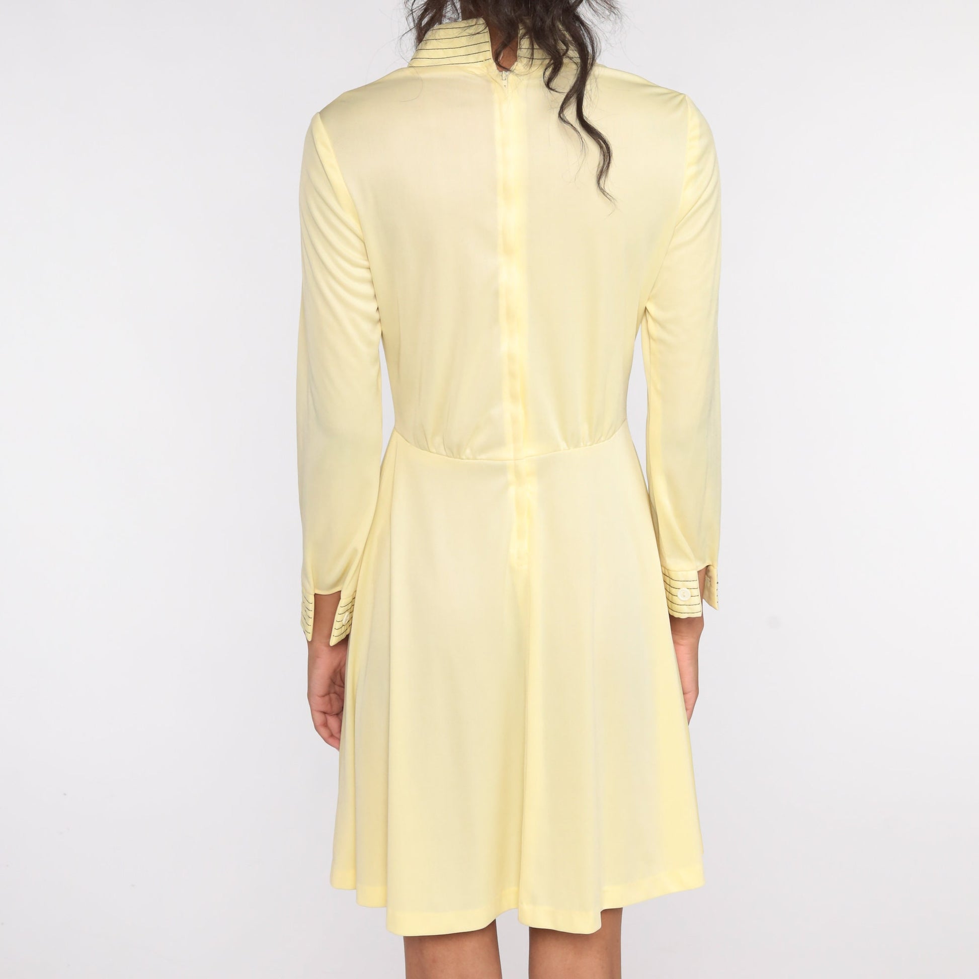 70s Pale Yellow Mini Dress High Waist Long Sleeve Polyester Small Medium