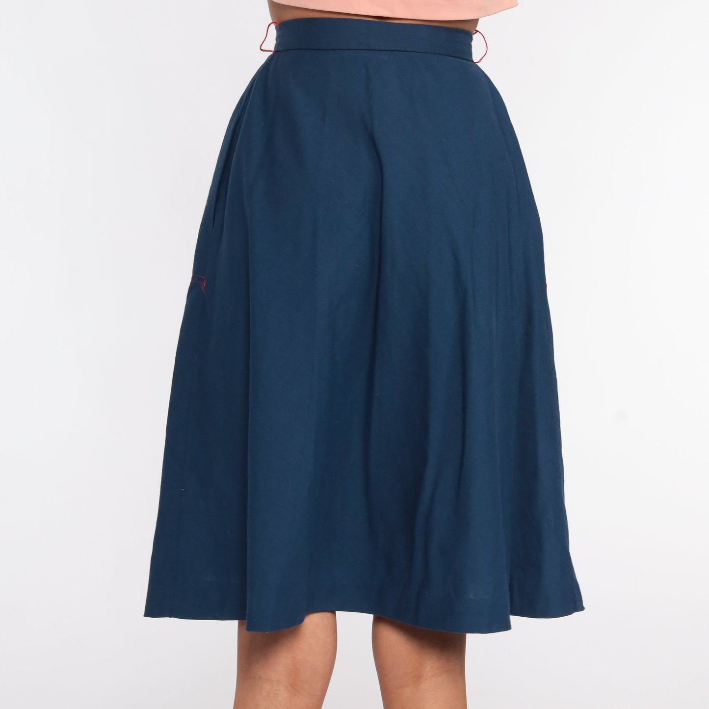 70s Dark Blue Midi Skirt High Waist Pockets XXS