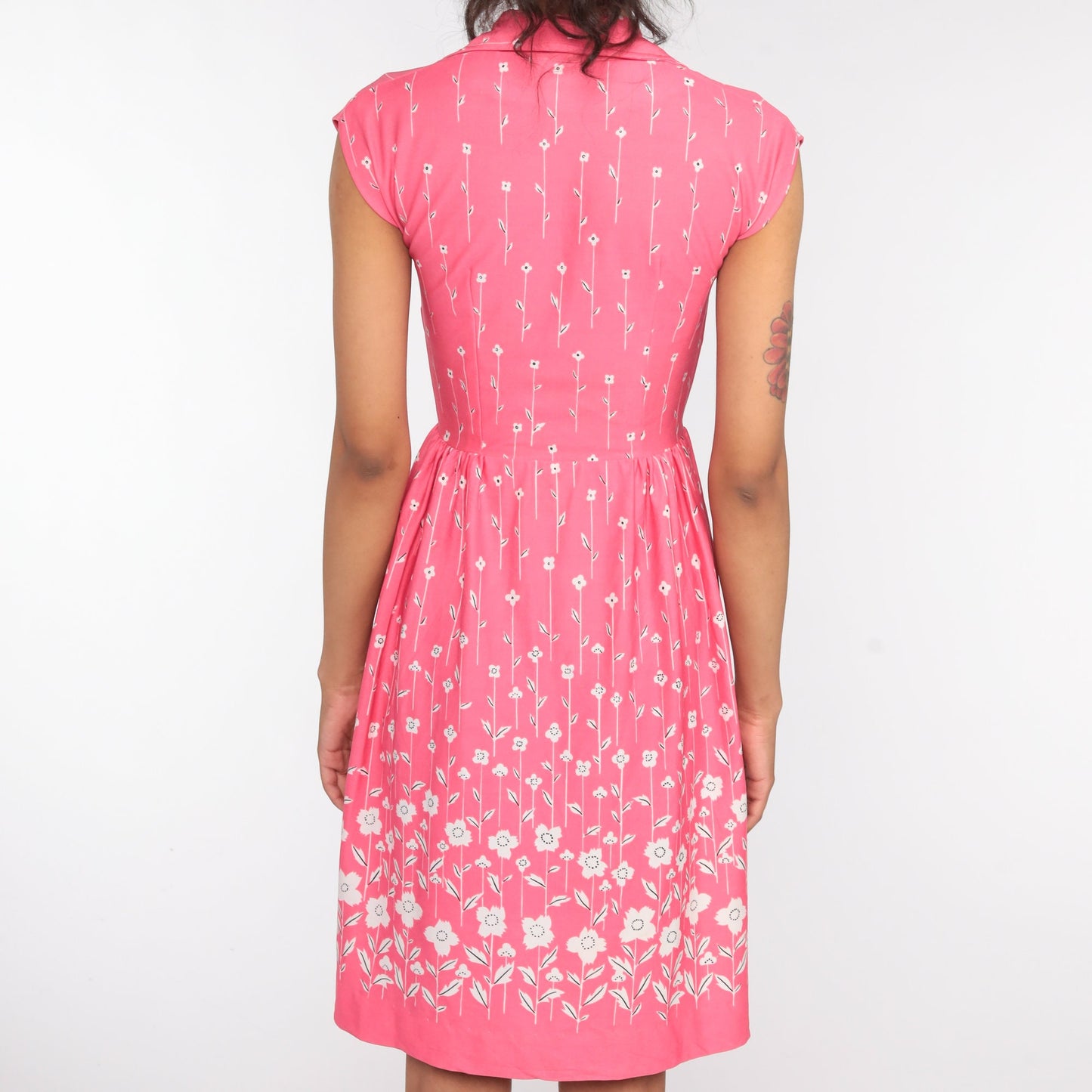 70s Pink Floral Midi Dress High Waist Cap Sleeve Button Front Extra Small
