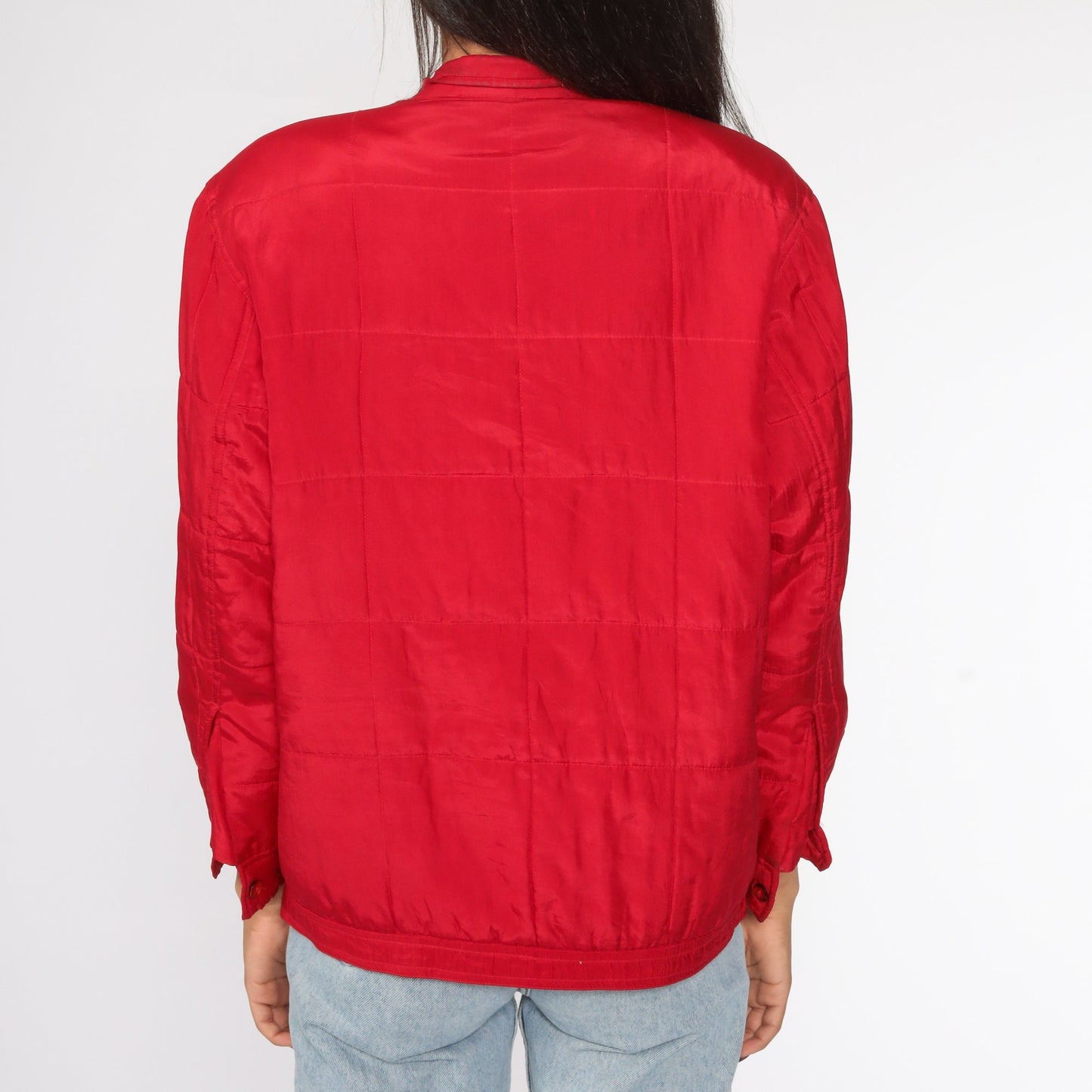80s Red Silk Windbreaker Jacket Front Zip Petite Small